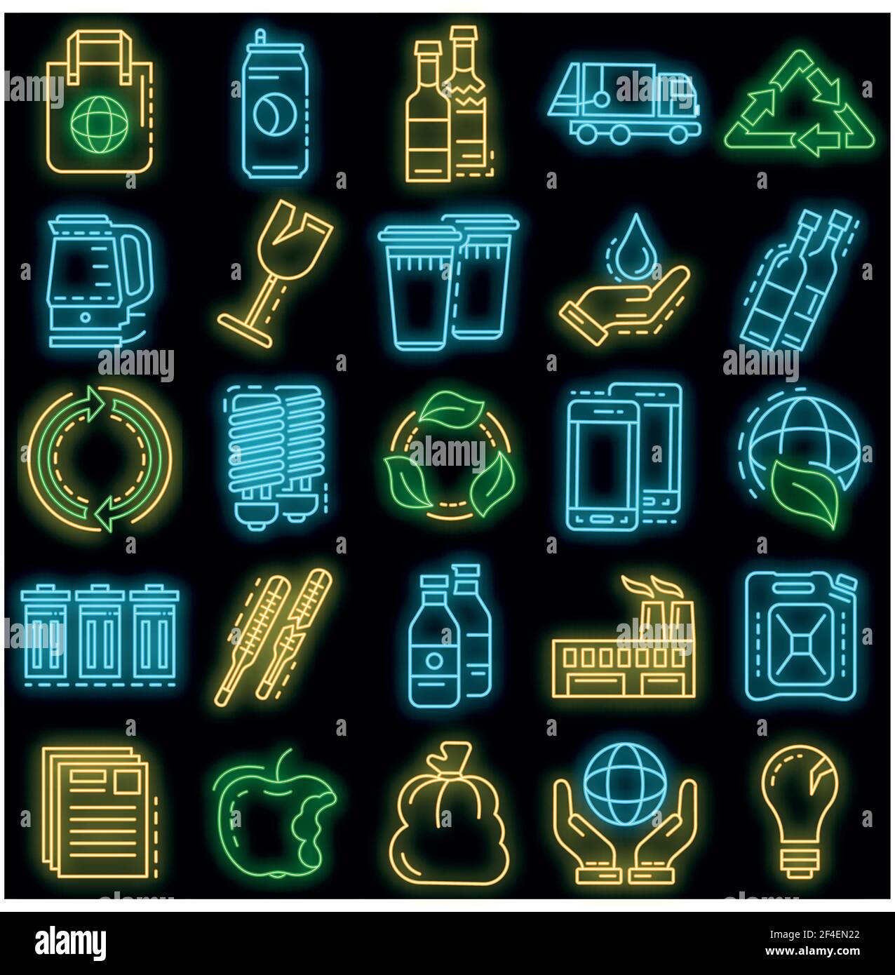 Ricicla insieme di icone. Contorno insieme di icone vettoriali ricicli colore neon su nero Illustrazione Vettoriale