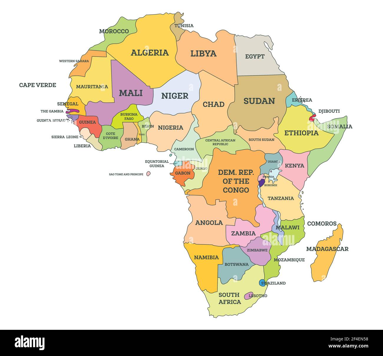 Mappa politica dell'Africa. Illustrazione vettoriale. Mappa con nome dei paesi isolati in bianco. Illustrazione Vettoriale