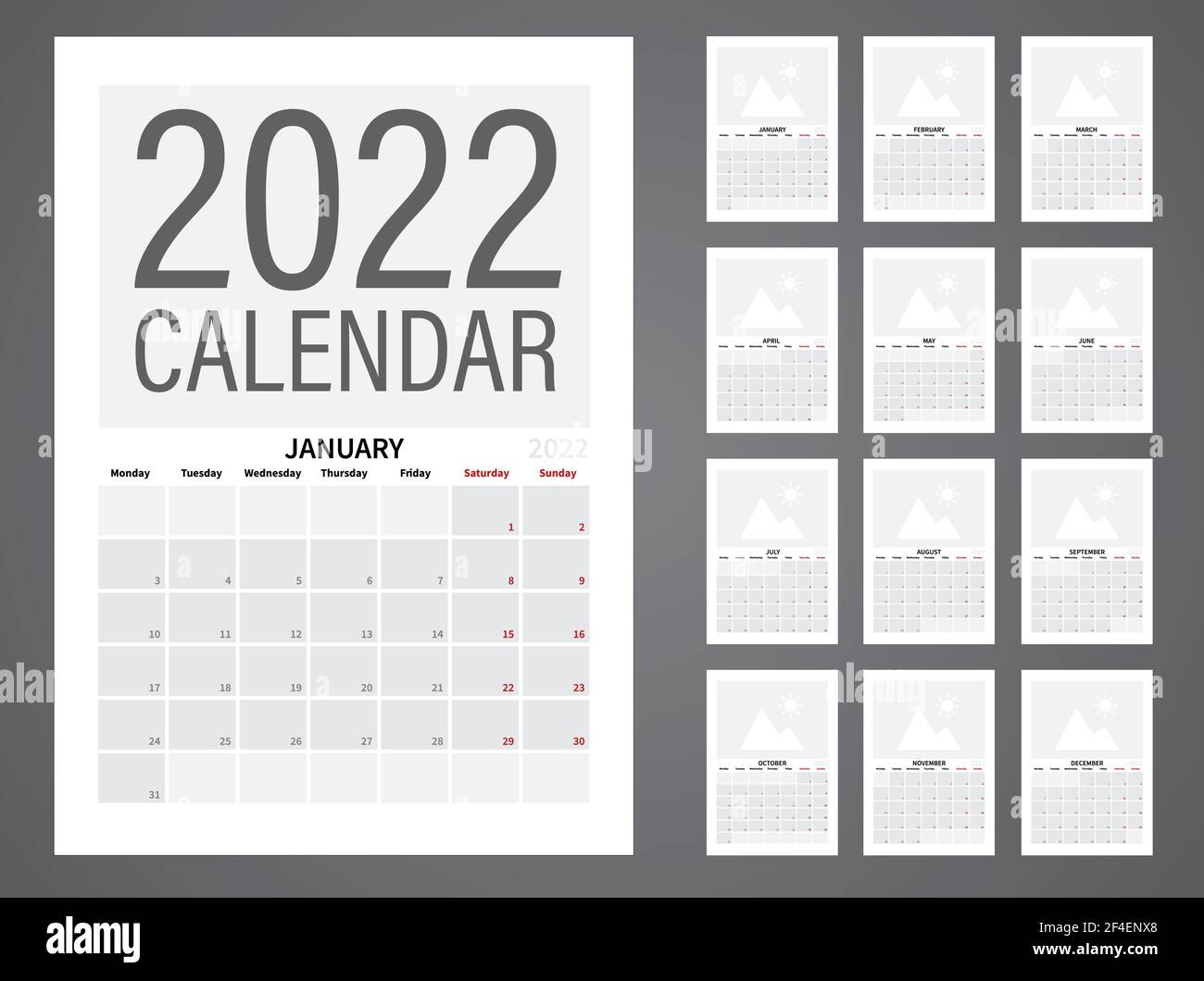 2022 Calendar Planner Scheduler, tutti i mesi, formato A4, lunedì primo giorno della settimana Illustrazione Vettoriale