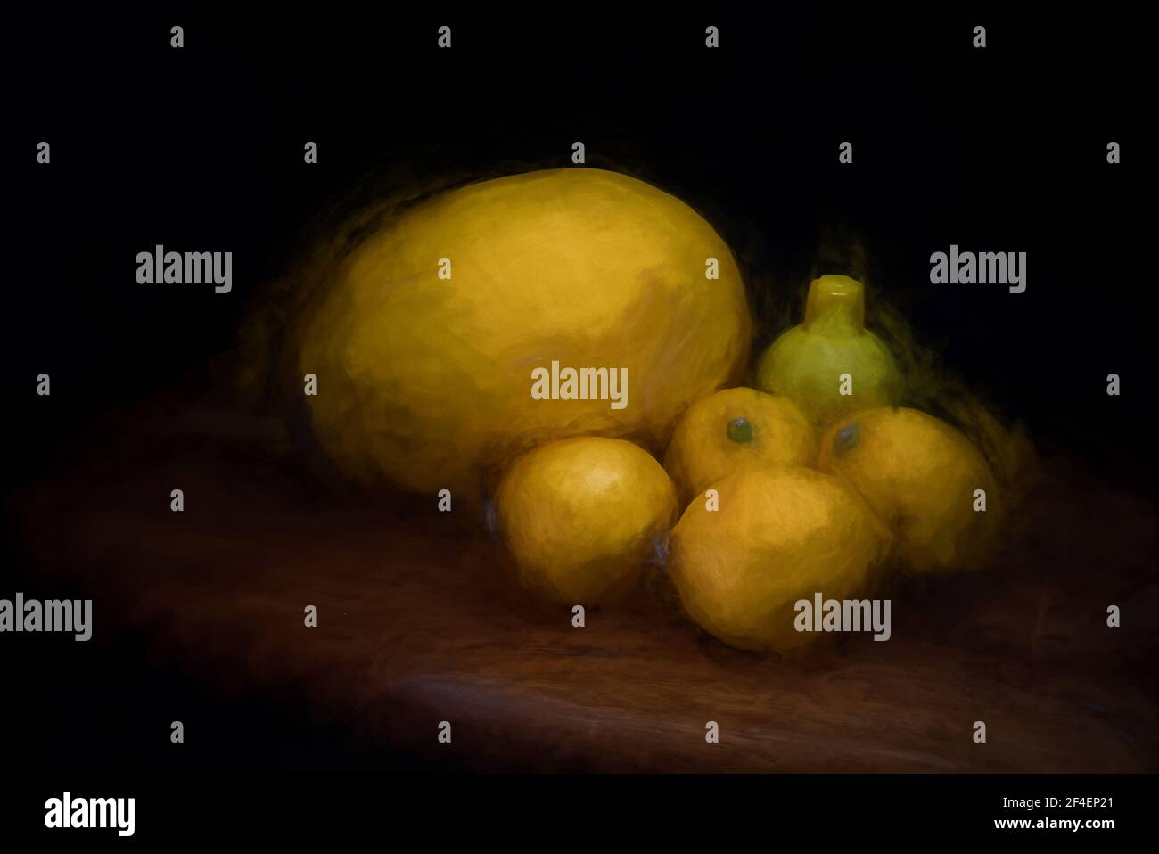 Pittura digitale ad olio di frutta gialla reale e artificiale una tavola di legno Foto Stock