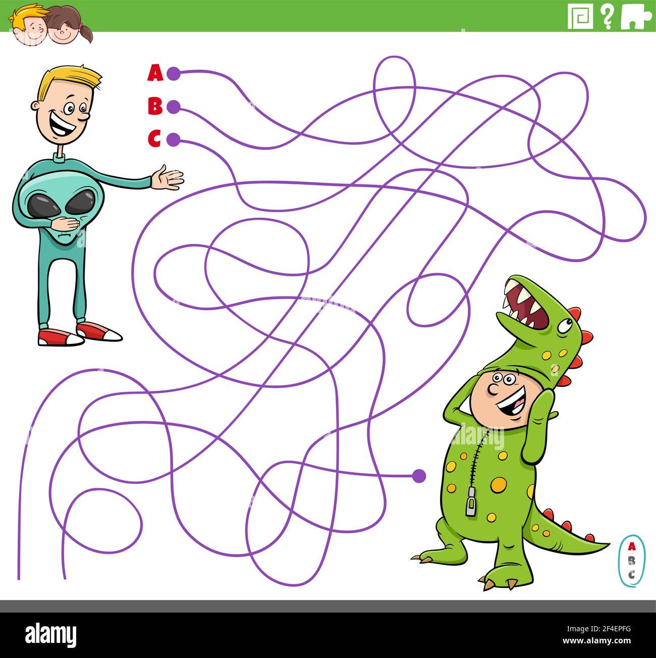 Illustrazione cartoon di linee labirinto gioco di puzzle con ragazzi in costumi alla festa Illustrazione Vettoriale