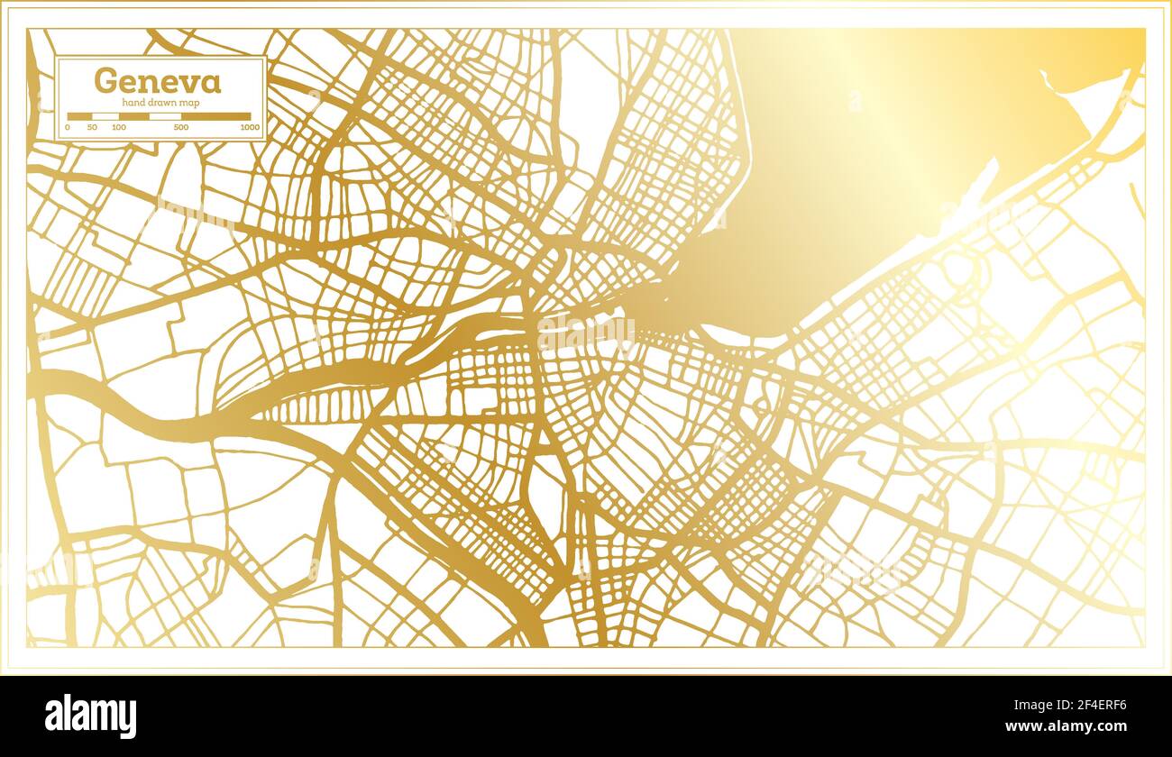 Ginevra Svizzera Mappa della città in stile retro in colore dorato. Mappa di contorno. Illustrazione vettoriale. Illustrazione Vettoriale