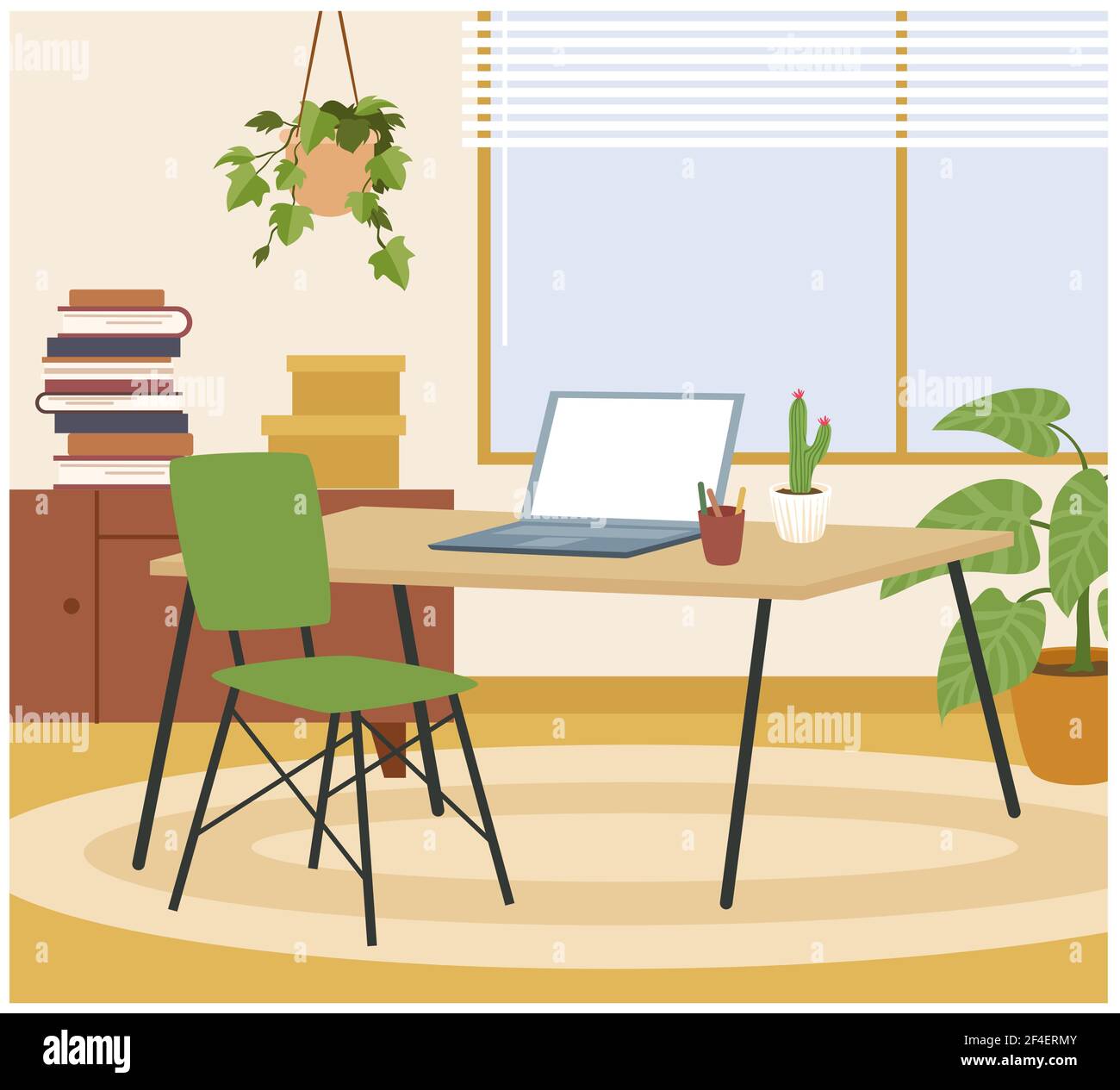 Soggiorno interno casa, spazio di lavoro hygge con tavolo, sedia, laptop per lavoro freelance Illustrazione Vettoriale