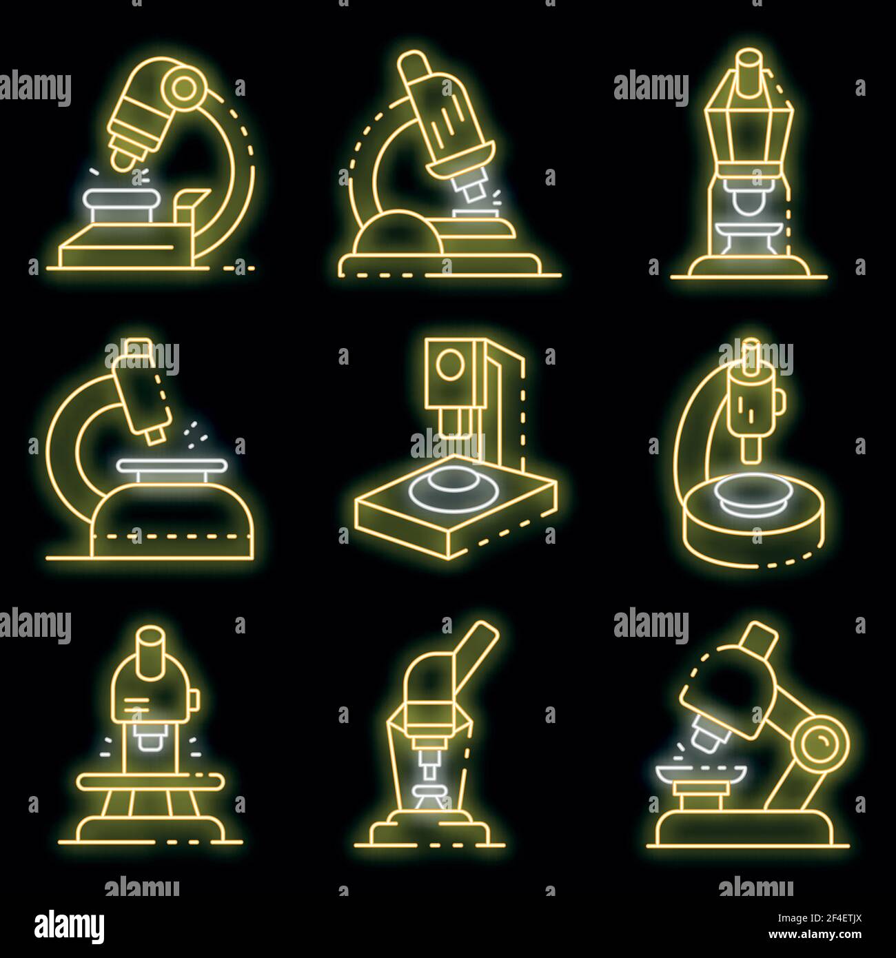 Set di icone per microscopio. Contorno insieme di icone vettoriali del microscopio colore neon su nero Illustrazione Vettoriale