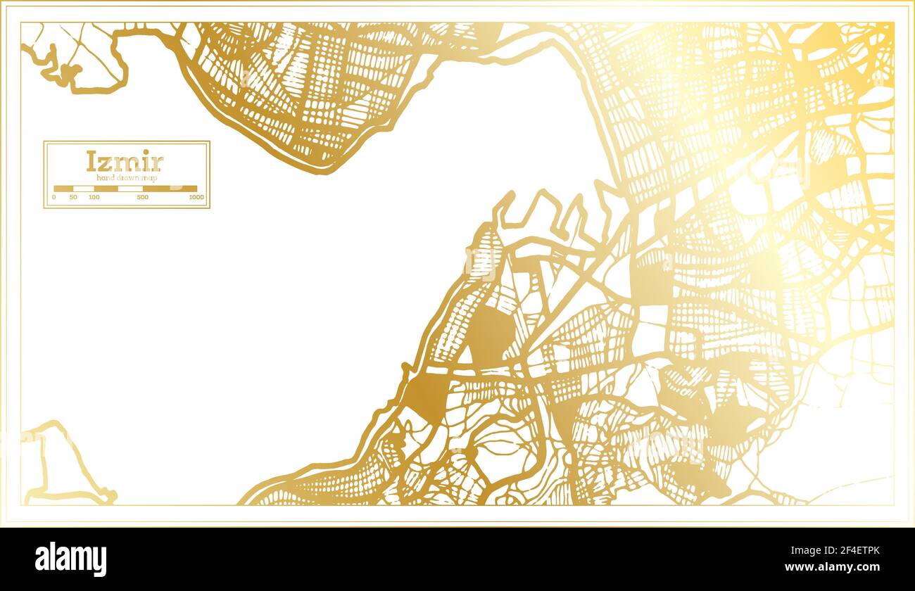 Mappa della città di Izmir Turchia in stile retro in colore dorato. Mappa di contorno. Illustrazione vettoriale. Illustrazione Vettoriale