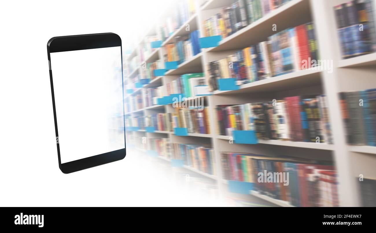 Processo di digitalizzazione dai libri agli eBook, dalla carta al digitale in uno smartphone Foto Stock