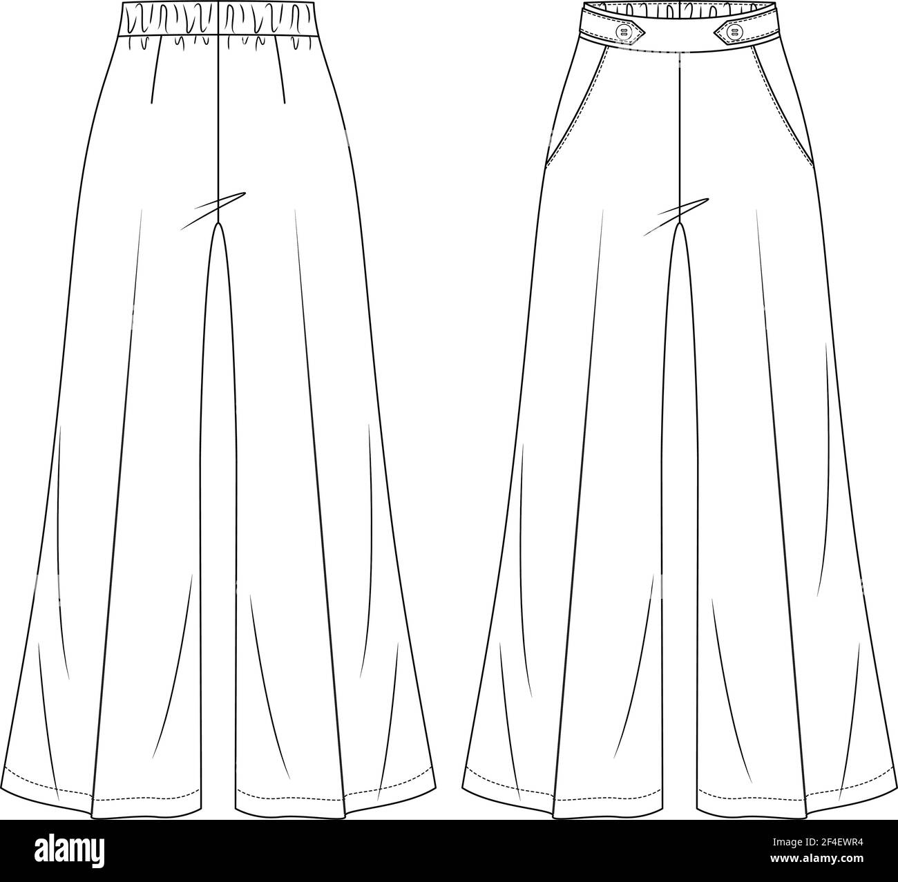 Donna Flare High vita Palazzo Pantaloni Vector Fashion Flat Sketches. Modello di illustrazione tecnica della moda della pantaloni a gamba larga Illustrazione Vettoriale