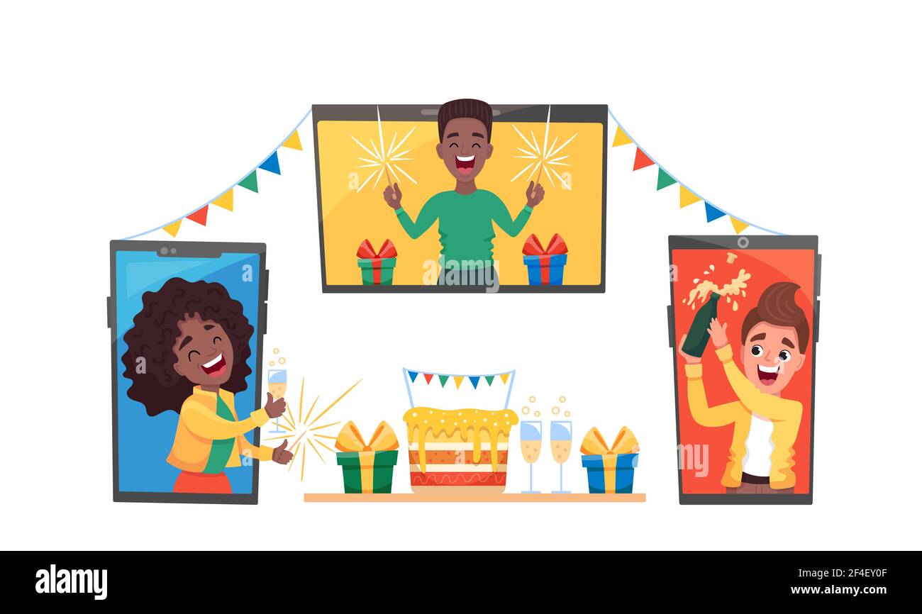 Party online con amici o colleghi di persone diverse felici durante l'autoisolamento in Covid-2019 quarantena. Illustrazione Vettoriale