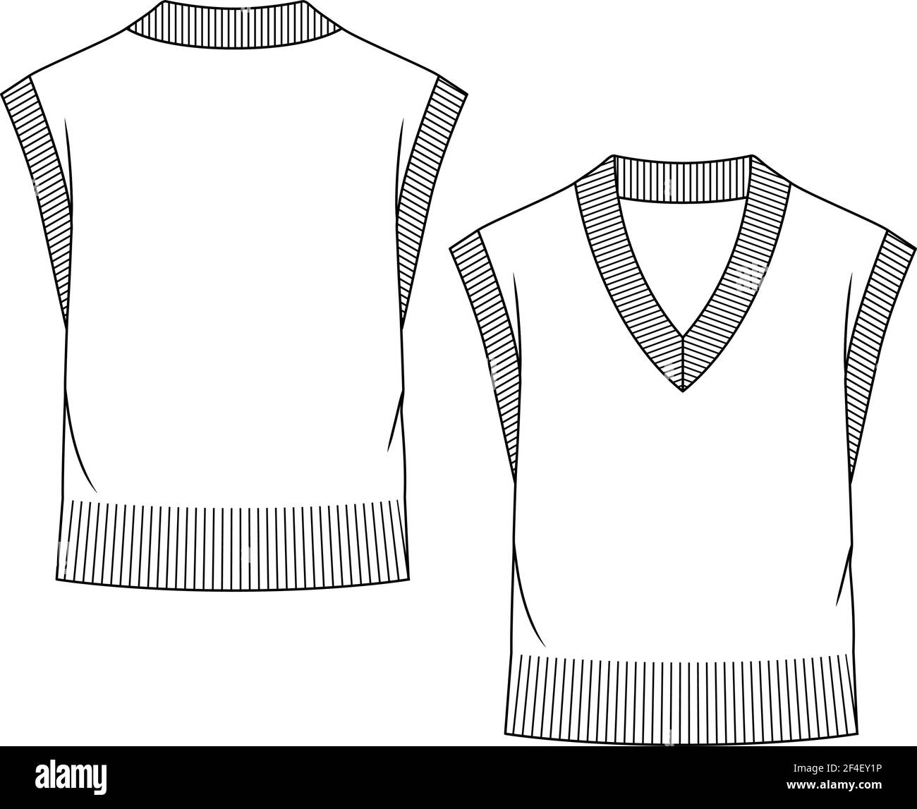 Modello di schizzo piatto di moda con maglia a V-Neck Sweater Vest ragazza. Illustrazione tecnica della moda. Cintura a costoletta larga Illustrazione Vettoriale
