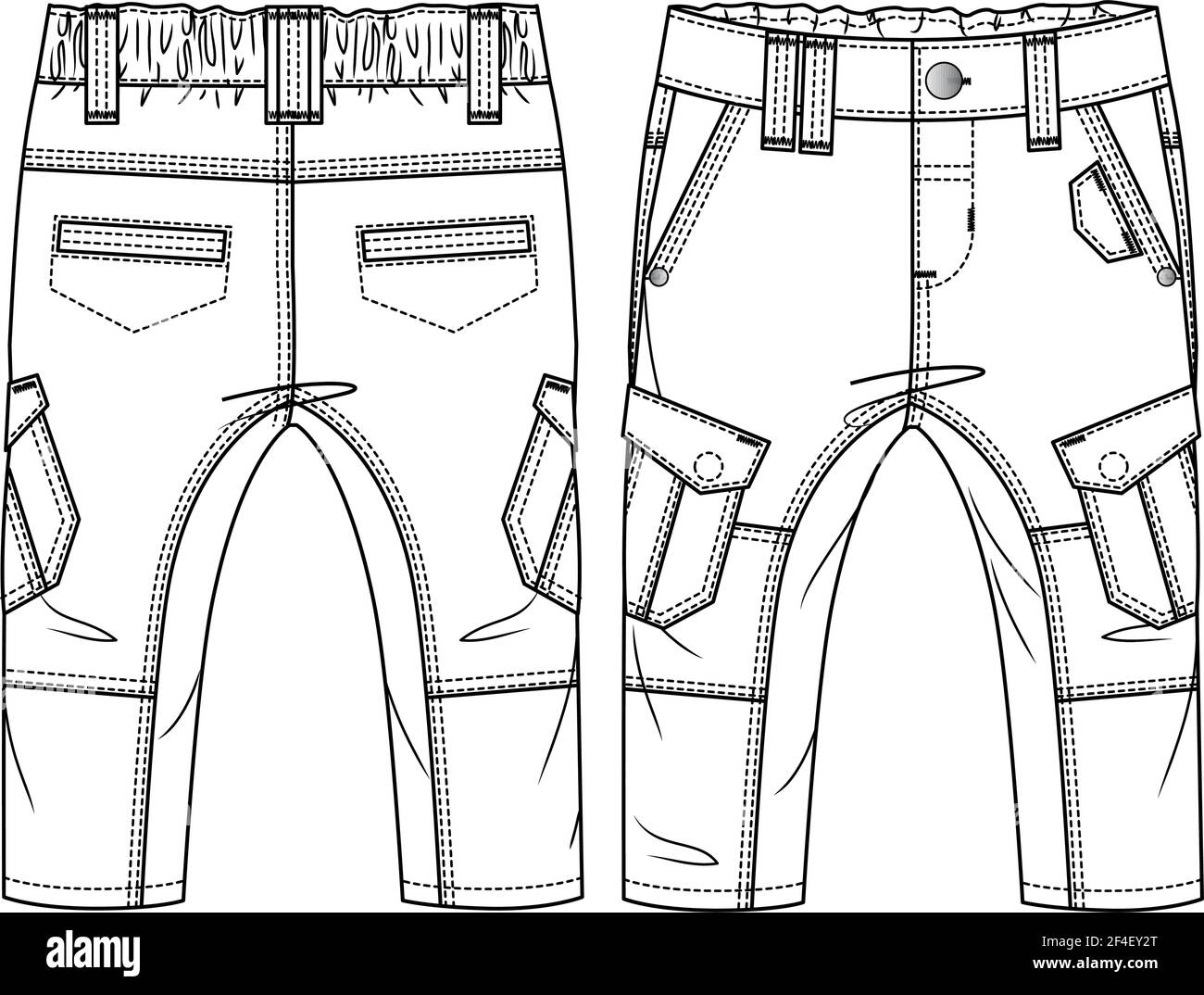 Baby Boys Cargo Pant con tasche applicate e dettaglio ginocchio modello di disegno piano di moda. Kids Illustrazione tecnica di moda. Tessuto, denim, twill CAD. Illustrazione Vettoriale