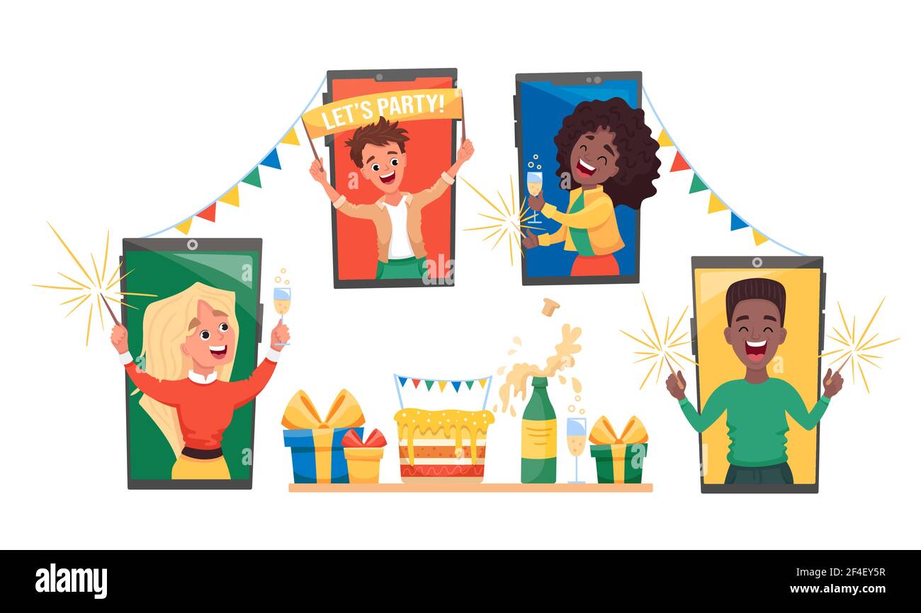 Party online con amici o colleghi di persone diverse felici durante l'autoisolamento in Covid-2019 quarantena. Illustrazione Vettoriale