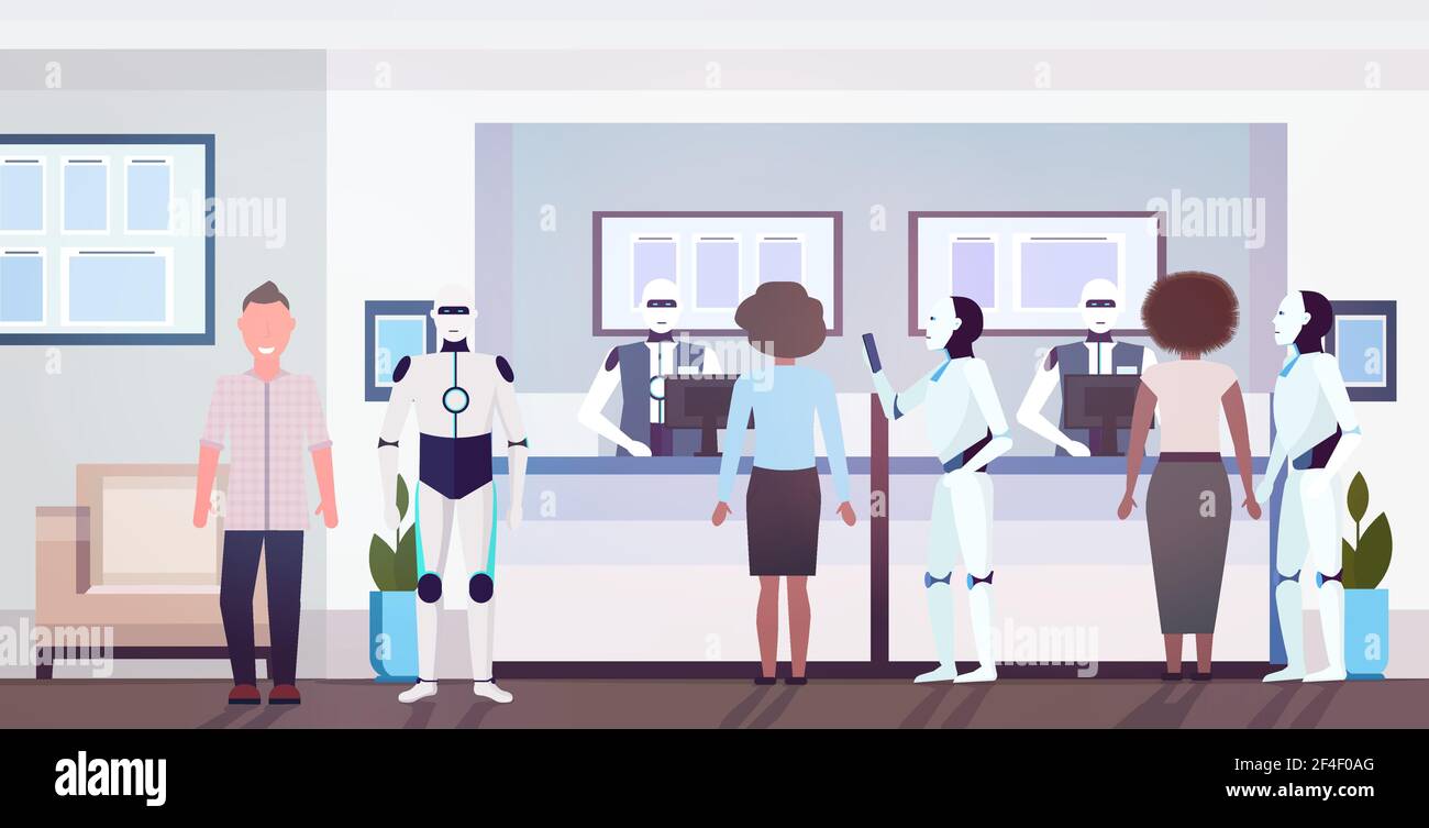 persone e robot presso i counter tellers con robot impiegati artificiali concetto di tecnologia di intelligenza moderna banca cliente ufficio interno orizzontale pieno Illustrazione Vettoriale