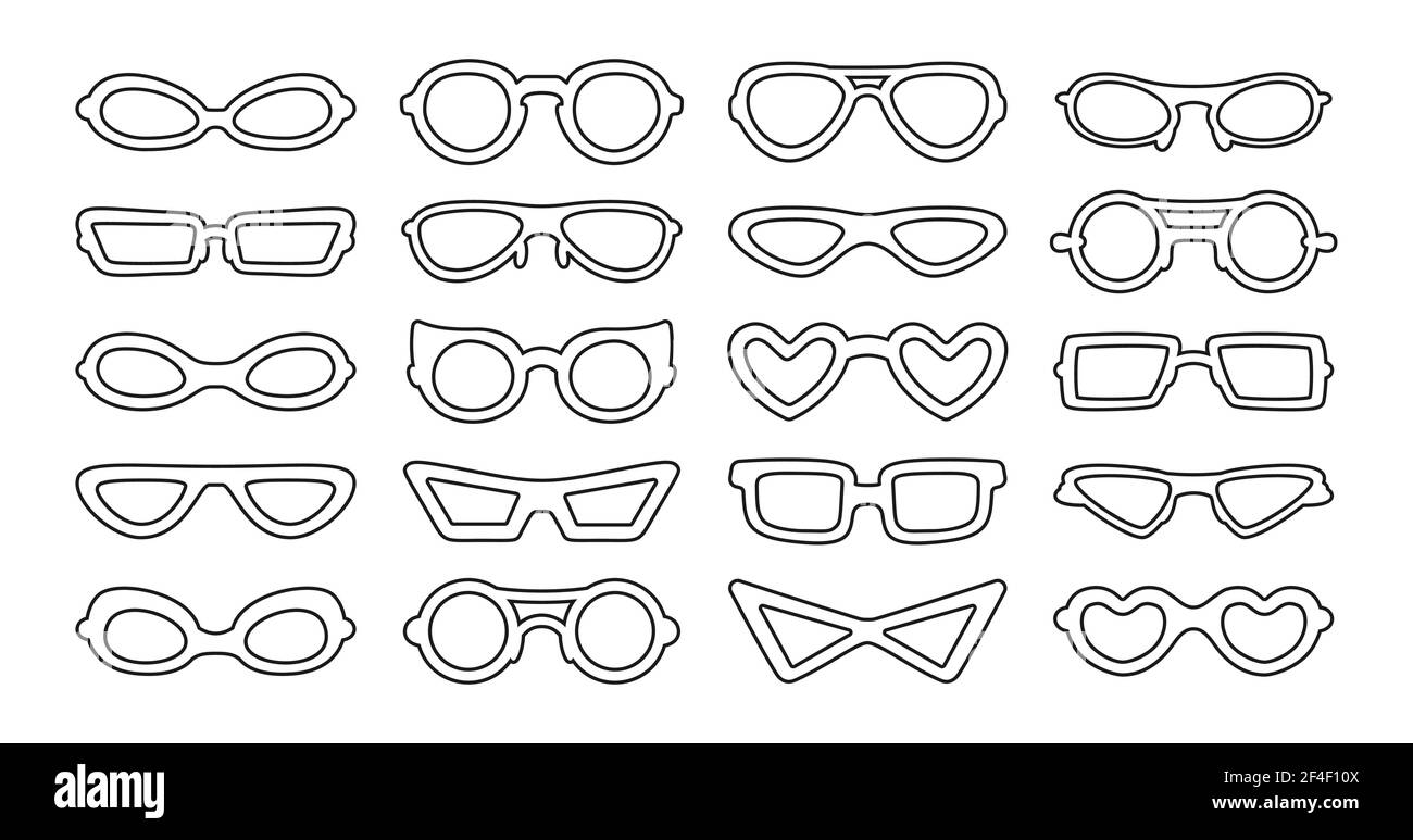 Occhiali classici forma elegante linea nera. Occhiali con bordo, montatura  per occhiali e occhiali. Occhiali da donna e uomo di moda, occhiali da  hipster o geek ottici. Illustrazione vettoriale isolata disegnata a