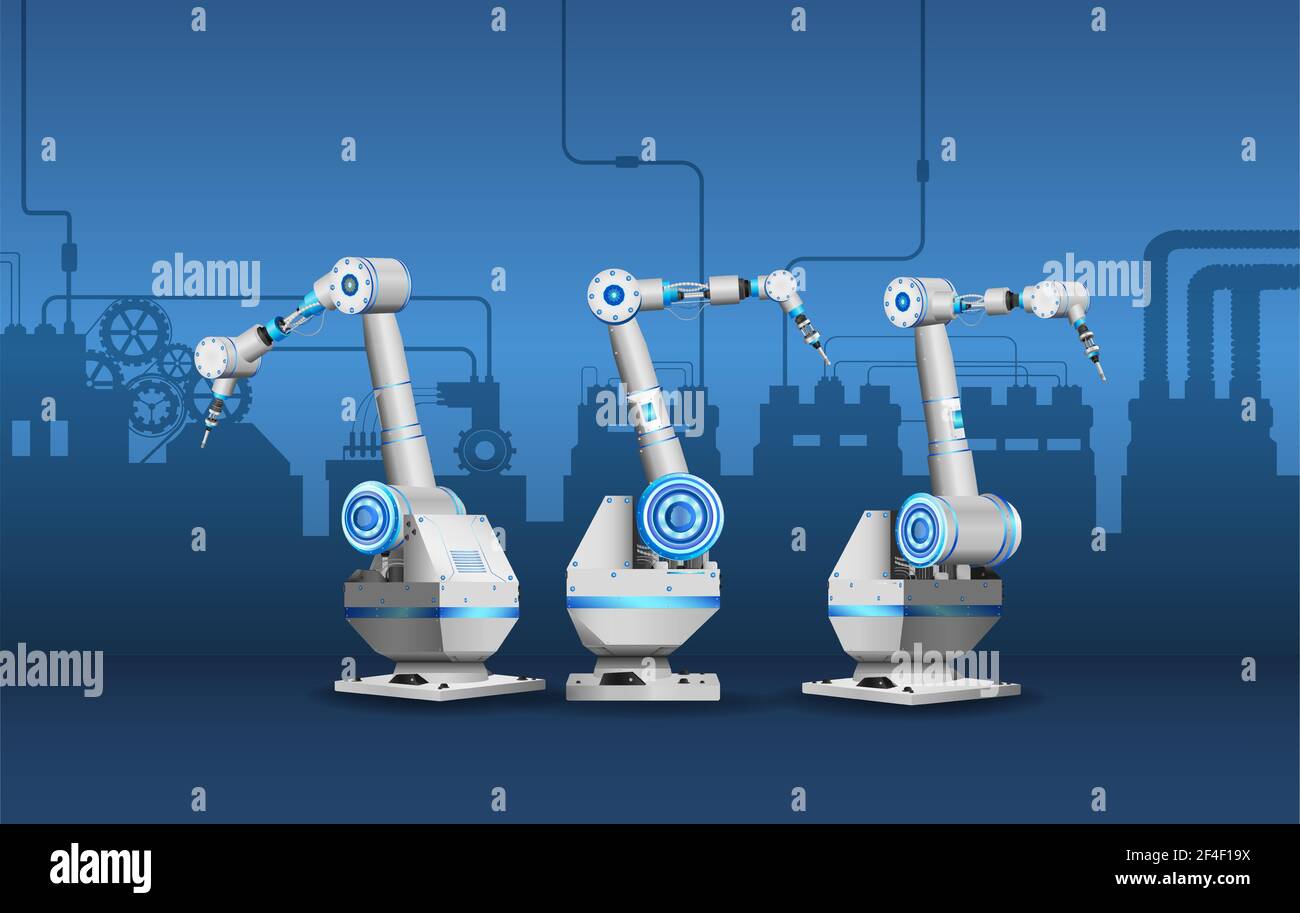 Bracci robot bianchi nell'illustrazione vettoriale di fabbrica Illustrazione Vettoriale
