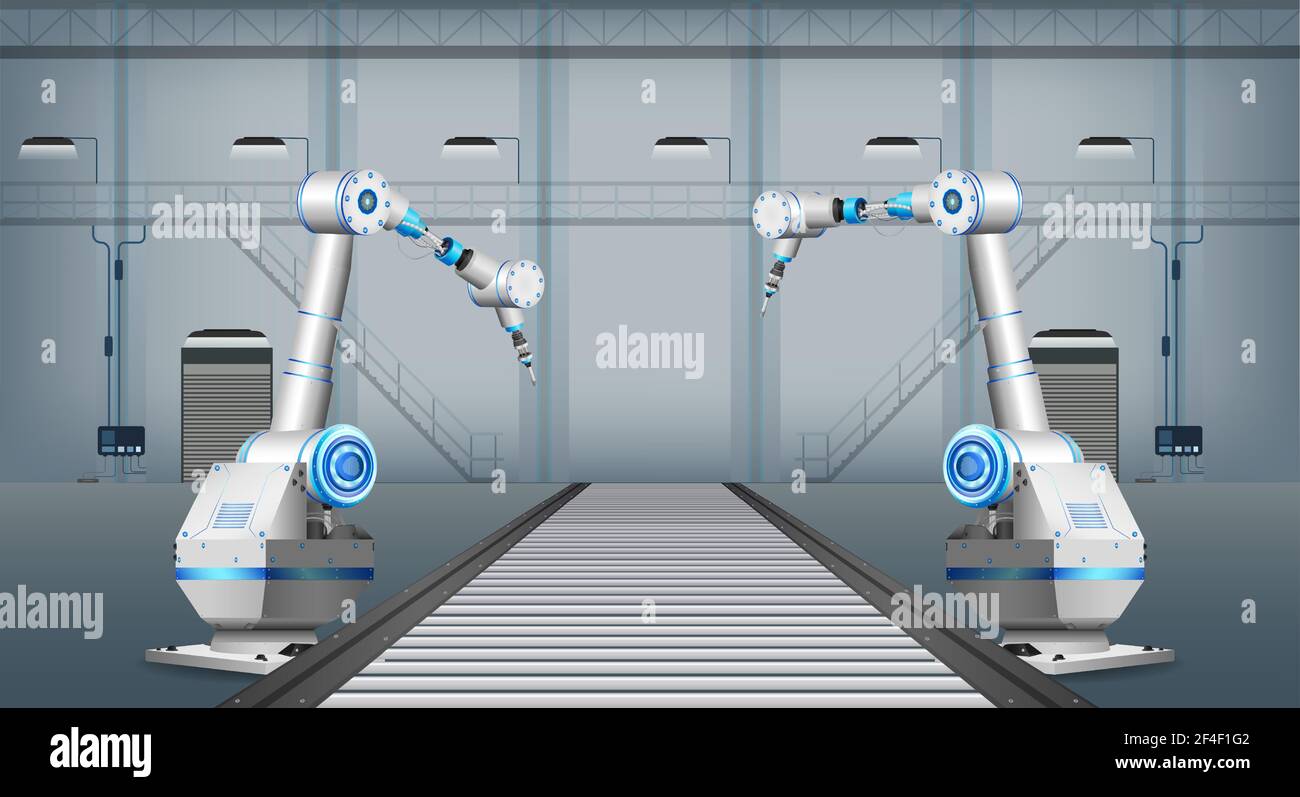 Fabbrica di automazione con linea di assemblaggio del robot nell'illustrazione vettoriale di fabbrica Illustrazione Vettoriale