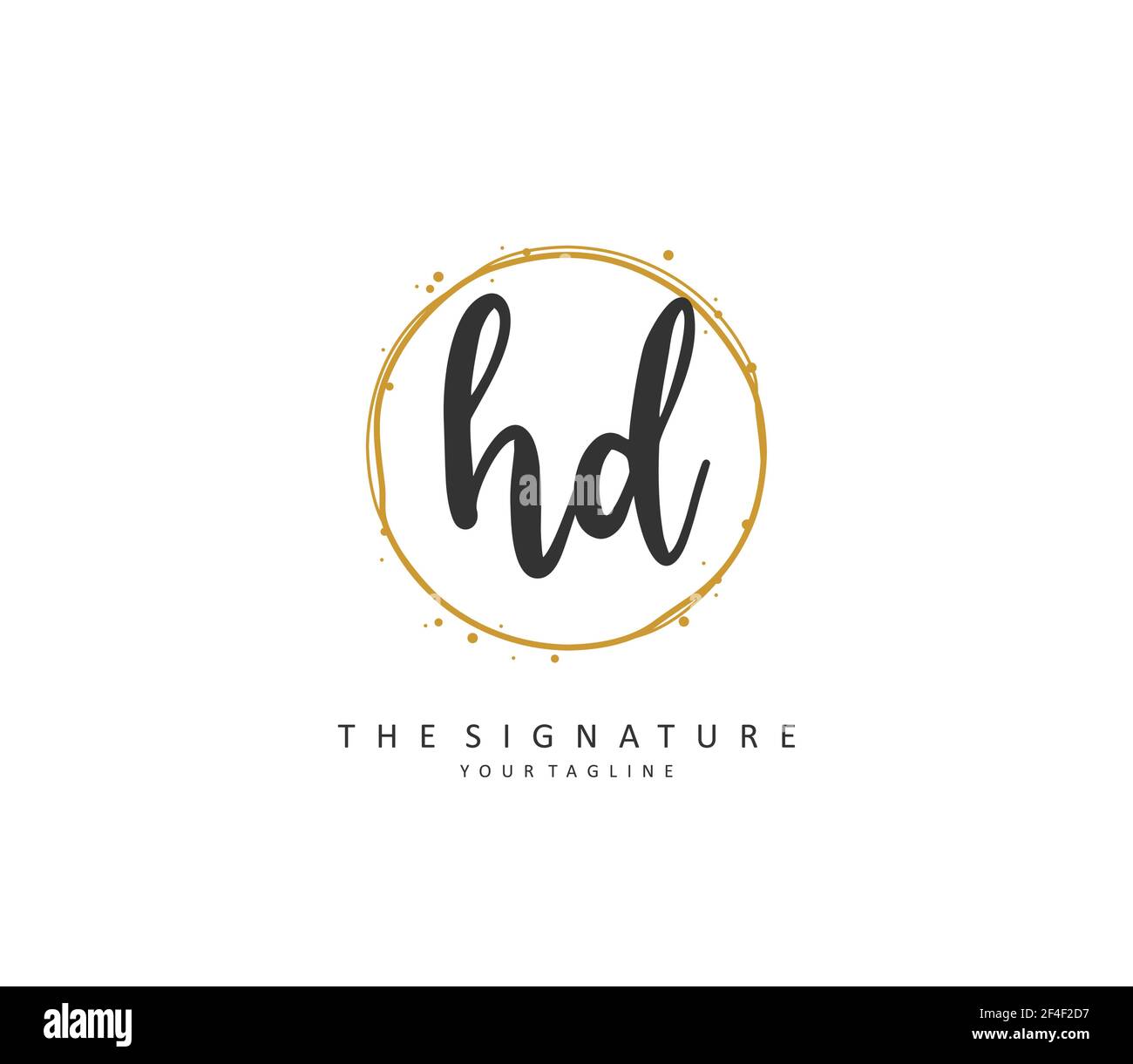 Scrittura della lettera iniziale HD e logo della firma. Un logo iniziale di calligrafia concettuale con elemento modello. Illustrazione Vettoriale