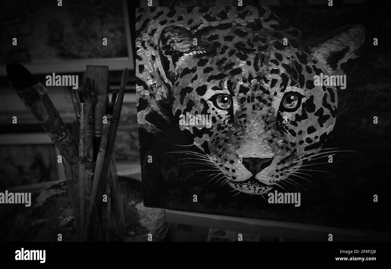 capolavori impressionisti originali dipinti a mano in bianco e nero artista tigre arte pittura a olio design ghepardo e leopardo animali selvatici bellezza naturale Foto Stock