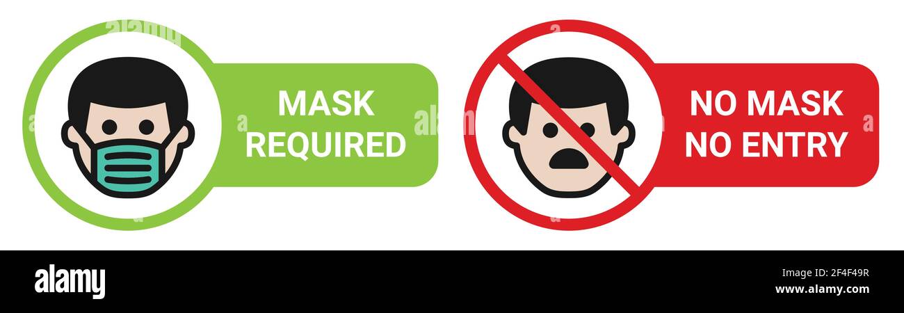 Maschera facciale richiesta, nessuna maschera Nessuna voce. Segno di prevenzione del coronavirus. Illustrazione Vettoriale