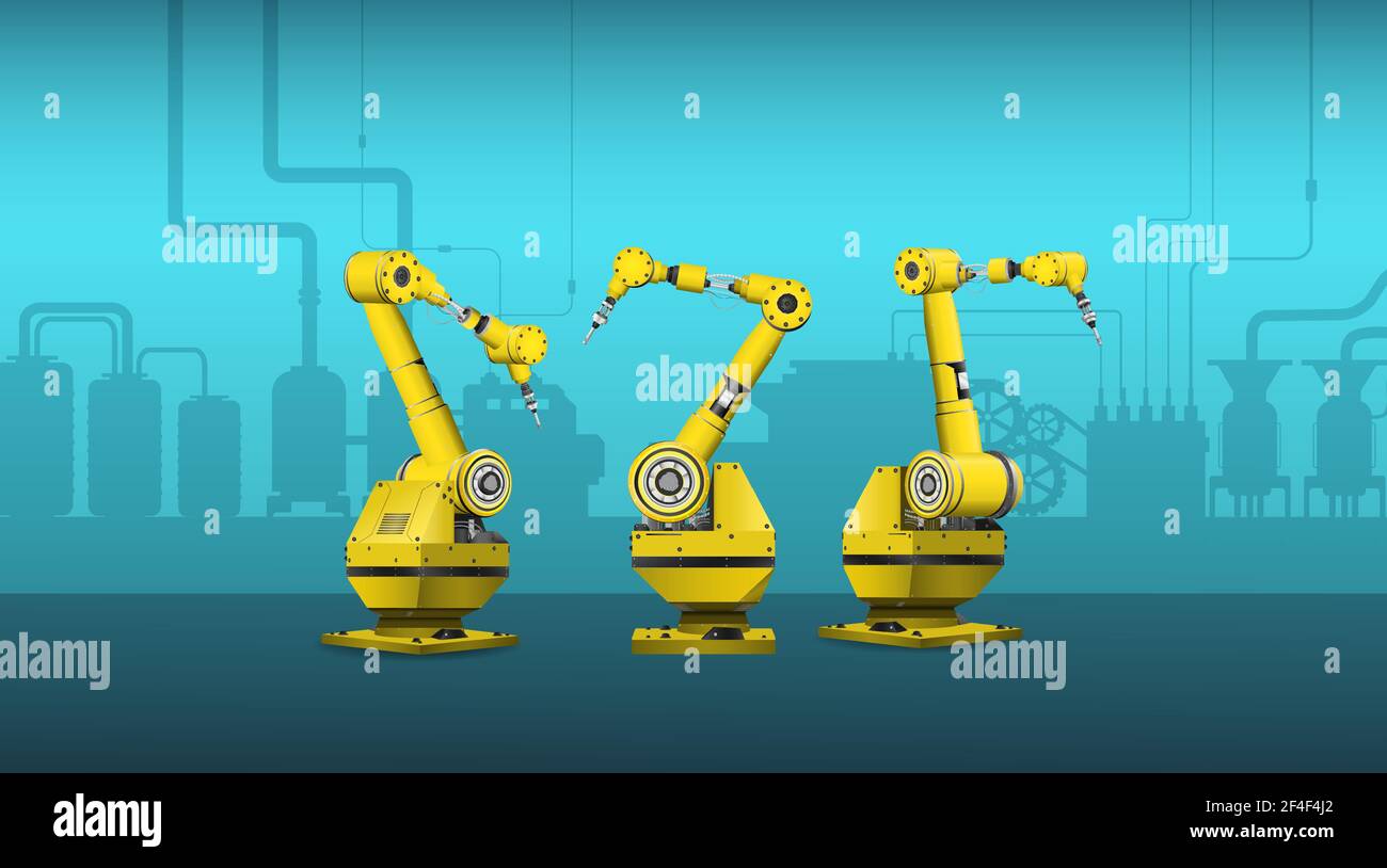 Bracci robot saldatori gialli nell'illustrazione vettoriale di fabbrica Illustrazione Vettoriale