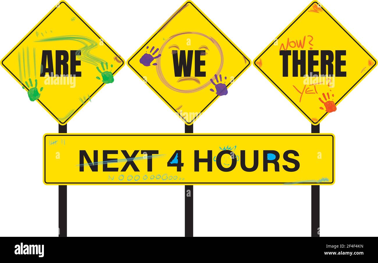 Ci siamo ancora? Segnale di allarme del traffico stradale con impronte digitali colorate, disegni a mano e scarabocchi. Concetto divertente sui genitori che viaggiano con i bambini. Illustrazione Vettoriale