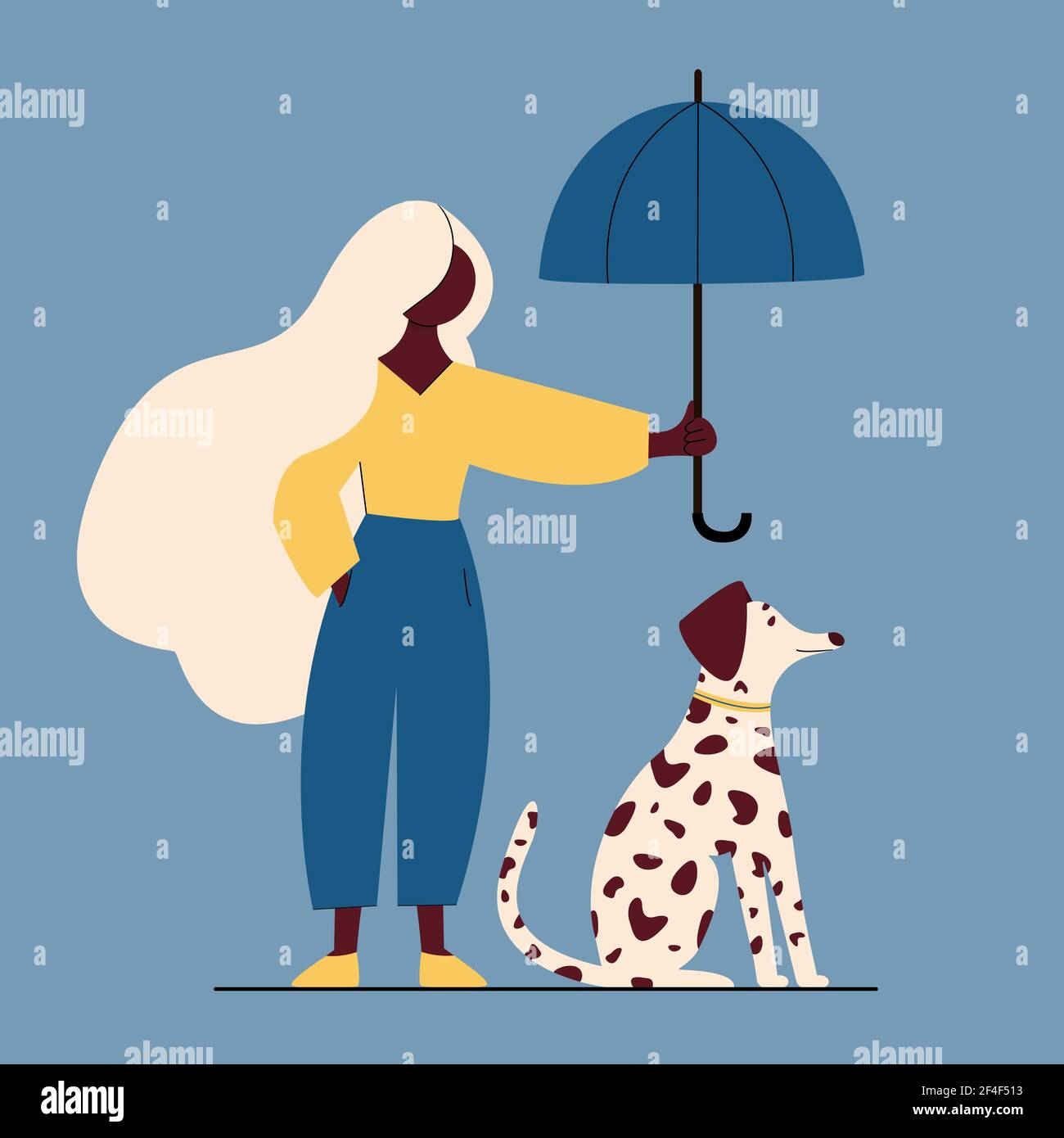 Donna che cammina con il cane per strada. Illustrazione vettoriale colorata di cartoni animati piatti. Illustrazione Vettoriale
