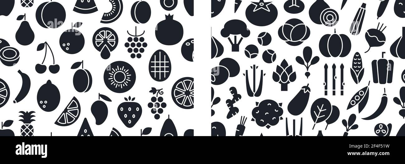 Set di modelli vettoriali senza giunture con frutta e verdura. Texture infinita, sfondo, sfondo. Silhouette nera, icona piena, glifo. Sano Illustrazione Vettoriale