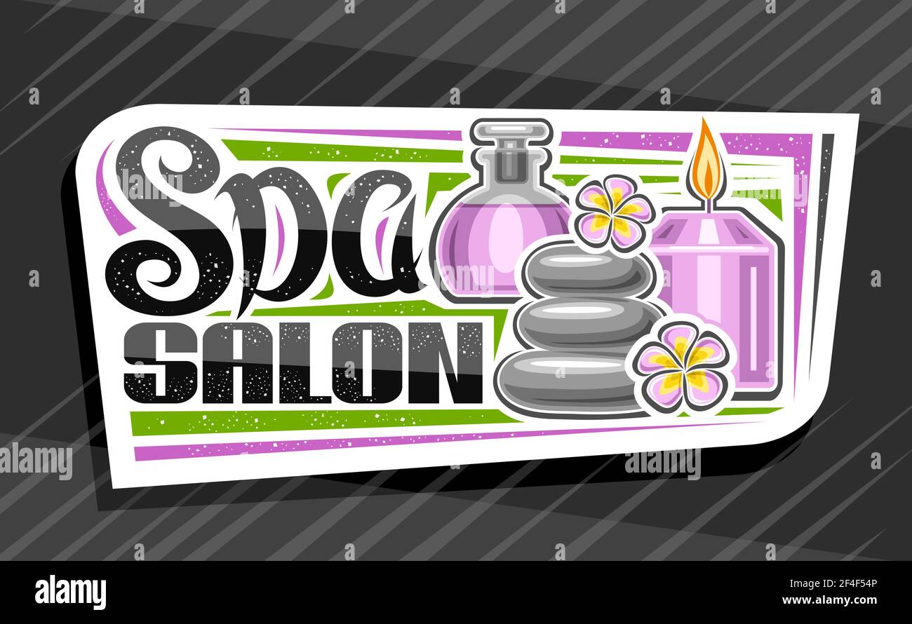 Logo vettoriale per Spa Salon, cartellone decorativo con illustrazione di candela bruciante e boccioli di frangipani viola, etichetta di design bianco con spazzola unica Illustrazione Vettoriale