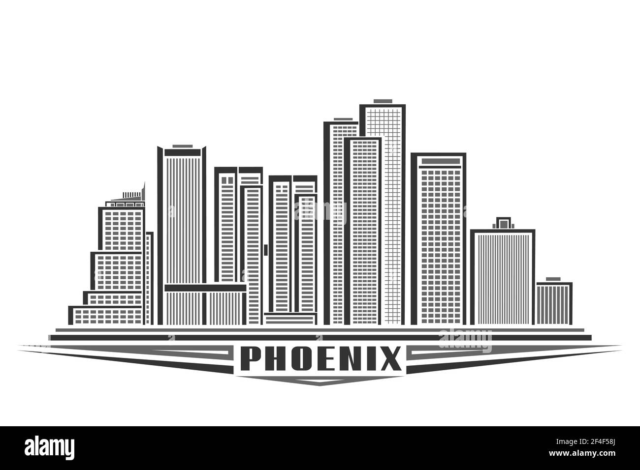 Illustrazione vettoriale della città di Phoenix, poster monocromatico orizzontale con disegno di linea Phoenix City scape, concetto urbano americano con decorazioni uniche Illustrazione Vettoriale