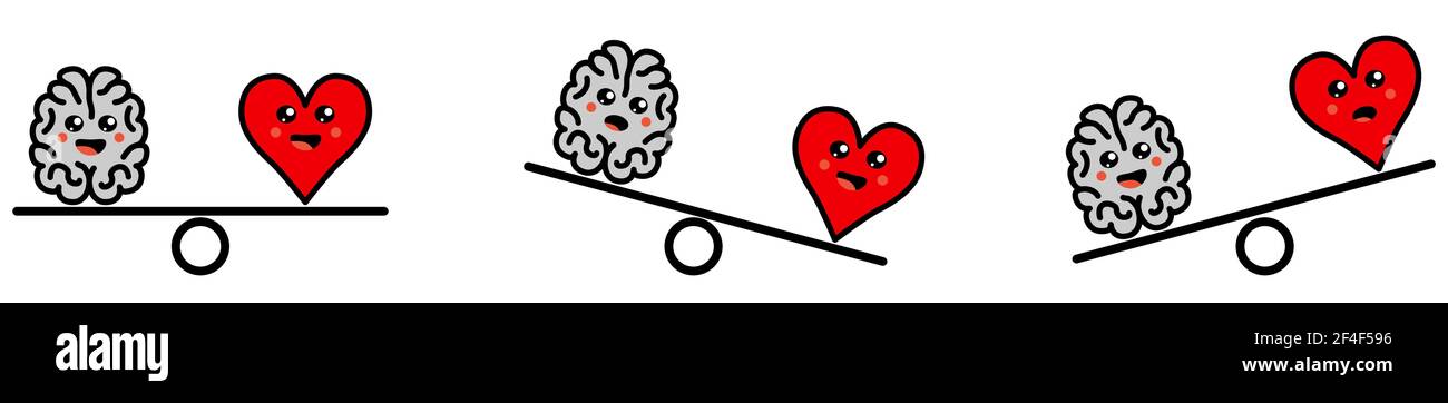 Cute Kawaii stile cervello e cuore su scale di peso, equilibrato o un lato più pesante versione, emozioni e pensiero razionale conflitto concetto Illustrazione Vettoriale