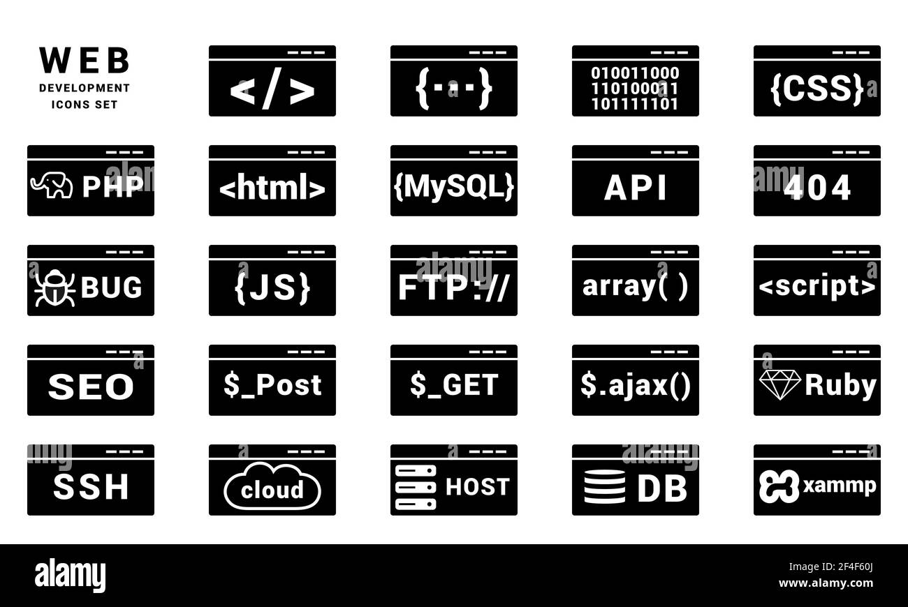 Raccolta vettoriale di Web Development Icons set, html, css, php, Ruby, Linguaggio di programmazione, script, stile isolato su bianco Illustrazione Vettoriale