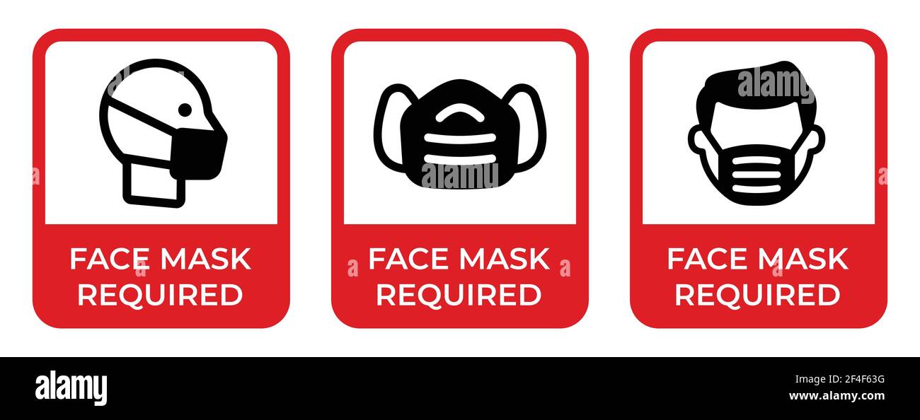 Maschere facciali necessarie prima del segnale di ingresso. Figura del vettore indossare la protezione del viso. Illustrazione Vettoriale