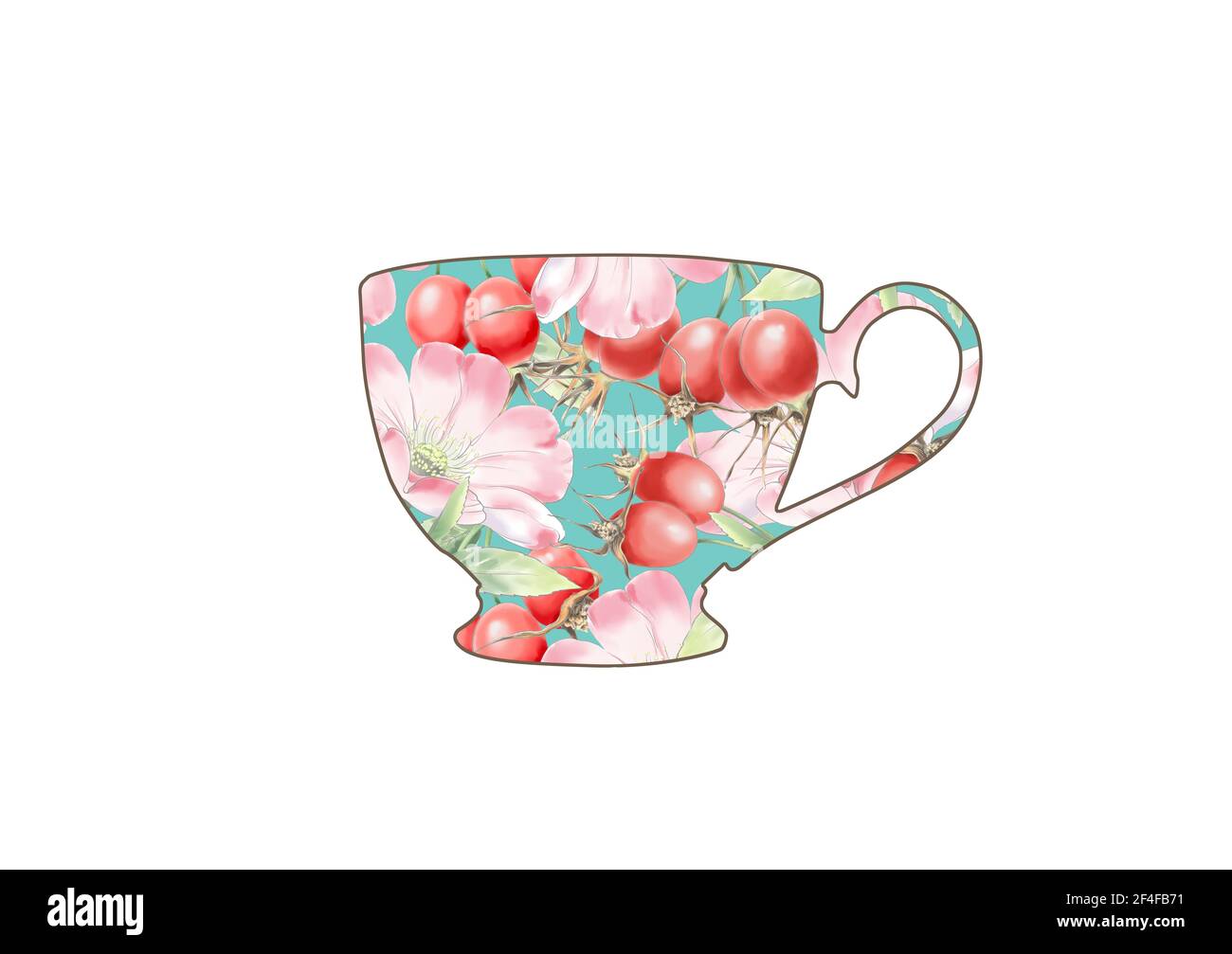 Cane rosa fiori tè tazza illustrazione concetto. Tè alla rosehip, tazza da tè decorata con fiori rosa di cane. Foto Stock