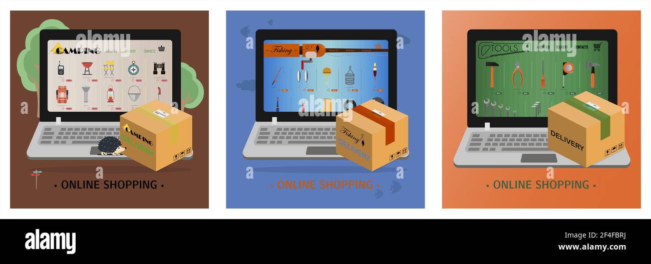 Un insieme di luoghi per i depositi in linea di pesca, campeggio, attrezzo di costruzione. Illustrazione vettoriale delle pagine web. Pagine di laptop con aziende Illustrazione Vettoriale
