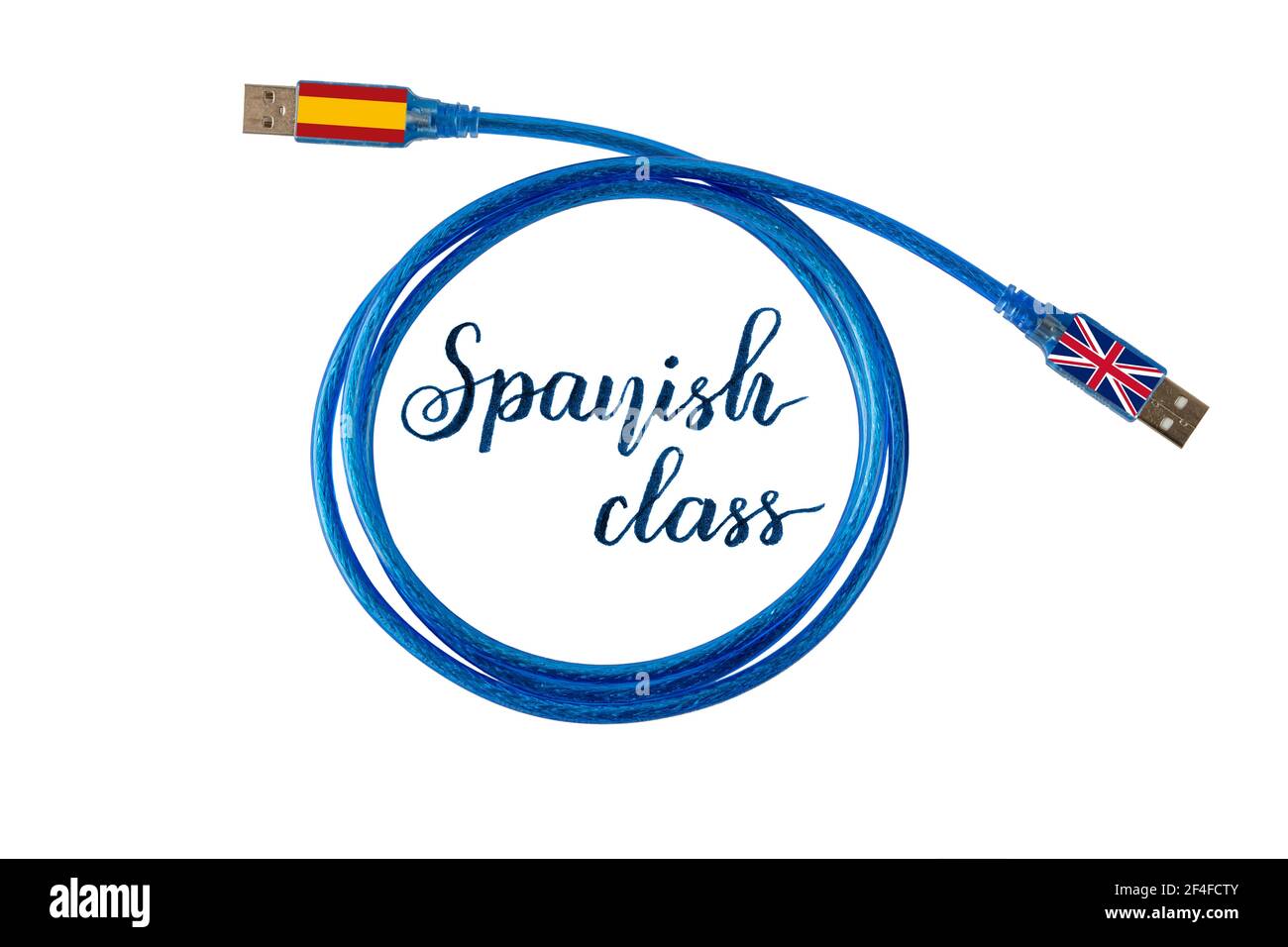 Illustrazione e scritta di concetto di classe spagnola. Bandiere di Spagna e Gran Bretagna alle estremità del cavo di comunicazione blu. Foto Stock
