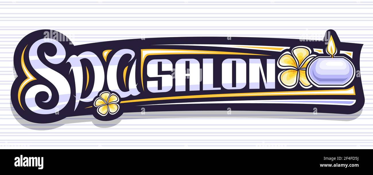 Banner vettoriale per Spa Salon, cartellone decorativo nero con illustrazione di candele brucianti e teste di frangipani giallo, voucher con scritto a mano unico Illustrazione Vettoriale
