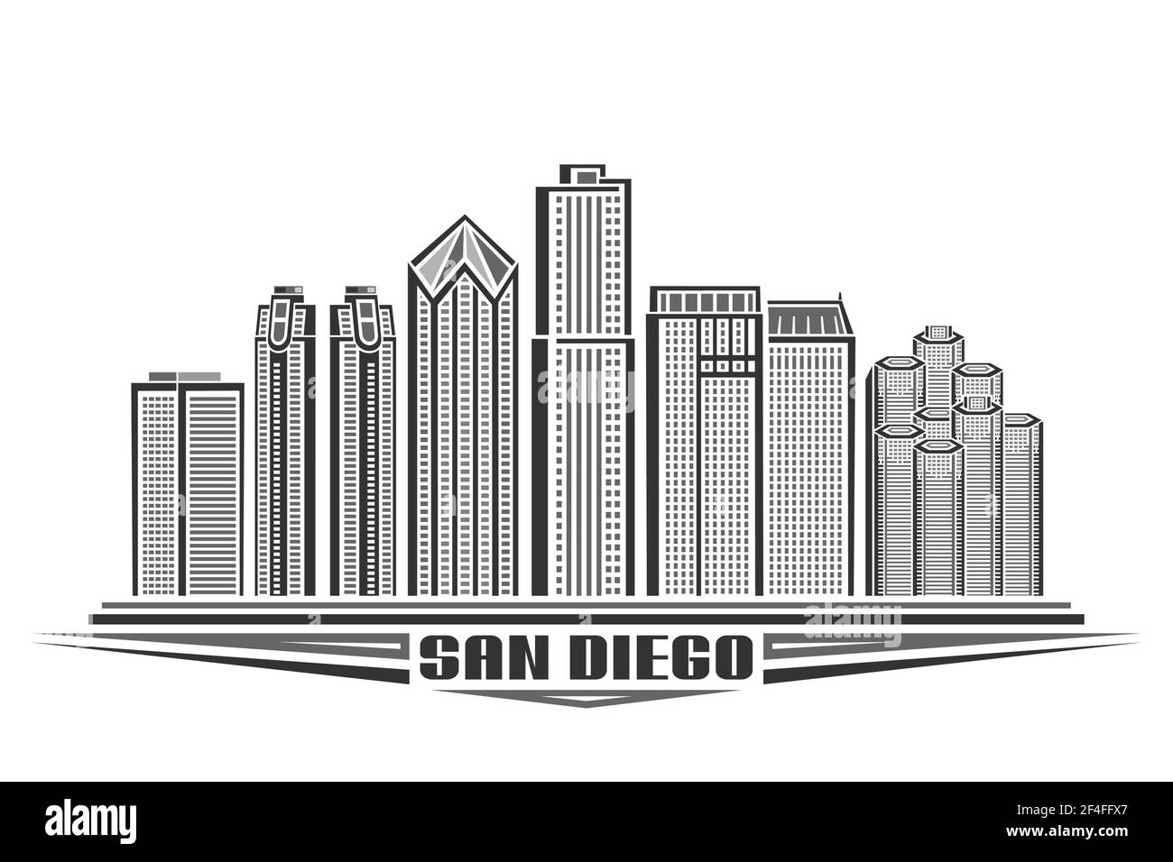 Illustrazione vettoriale di San Diego, poster orizzontale monocromatico con disegno del famoso paesaggio cittadino americano, concetto urbano con decorazione unica Illustrazione Vettoriale