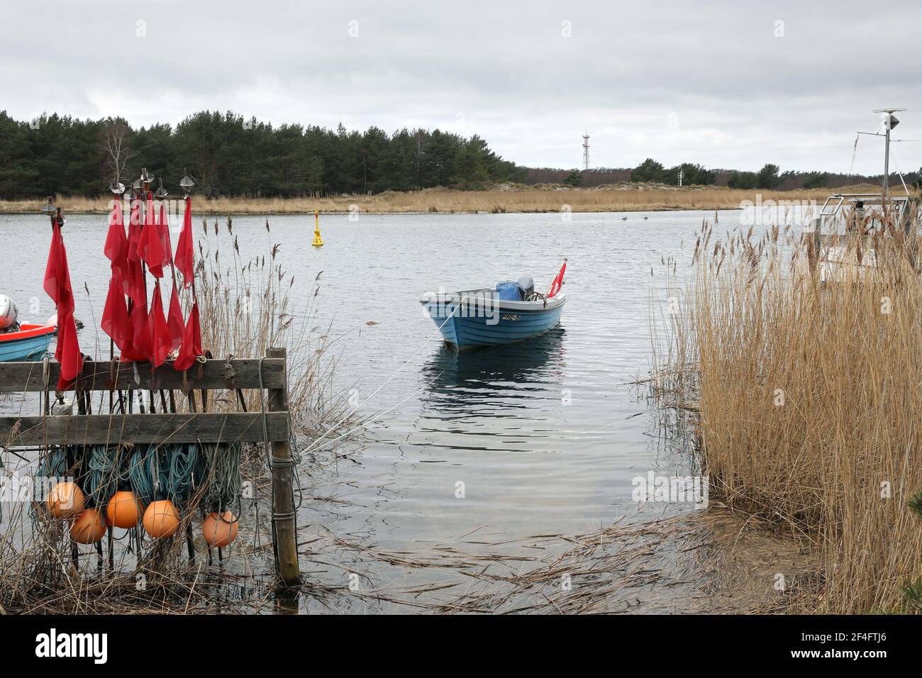 Prerow, Germania. 16 Marzo 2021. Le barche da pesca sono ormeggiate nel porto di emergenza Darßer Ort nella zona centrale del parco nazionale 'Vorpommersche Boddenlandschaft'. Credit: Bernd Wüstneck/dpa-Zentralbild/ZB/dpa/Alamy Live News Foto Stock