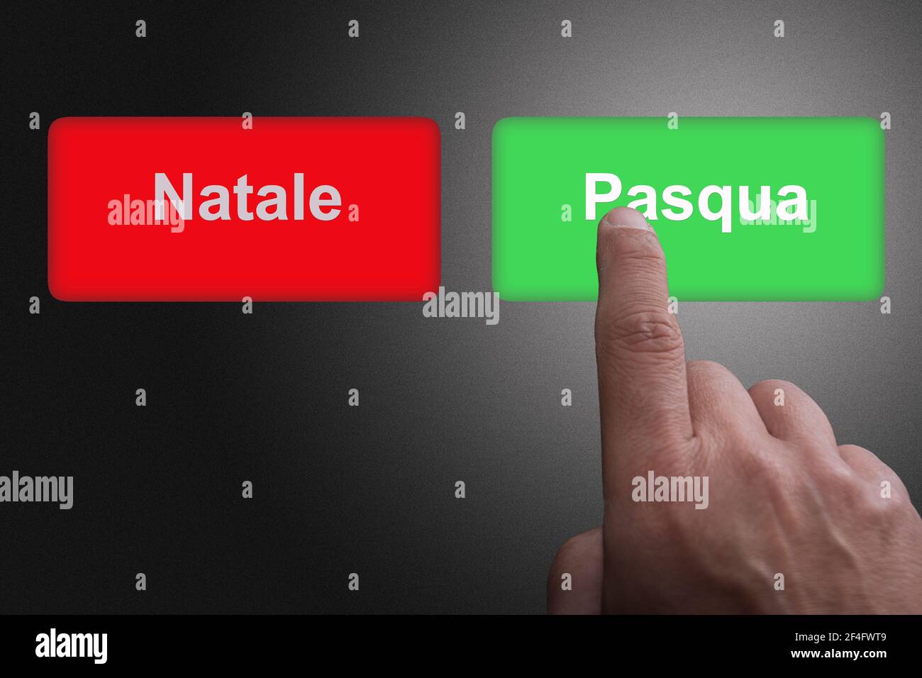 Premere il tasto verde con la scrittura pasquale, invece del tasto rosso con la scrittura natalizia in lingua italiana Foto Stock