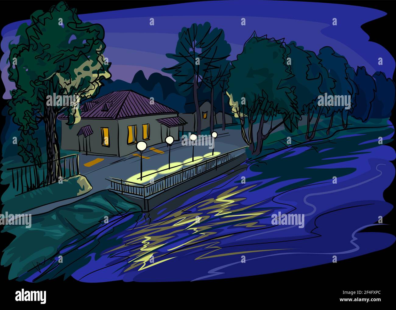 Argine notturna della città in estate. Desertato. Le luci delle Lanterne si riflettono nell'acqua. Illustrazione Vettoriale