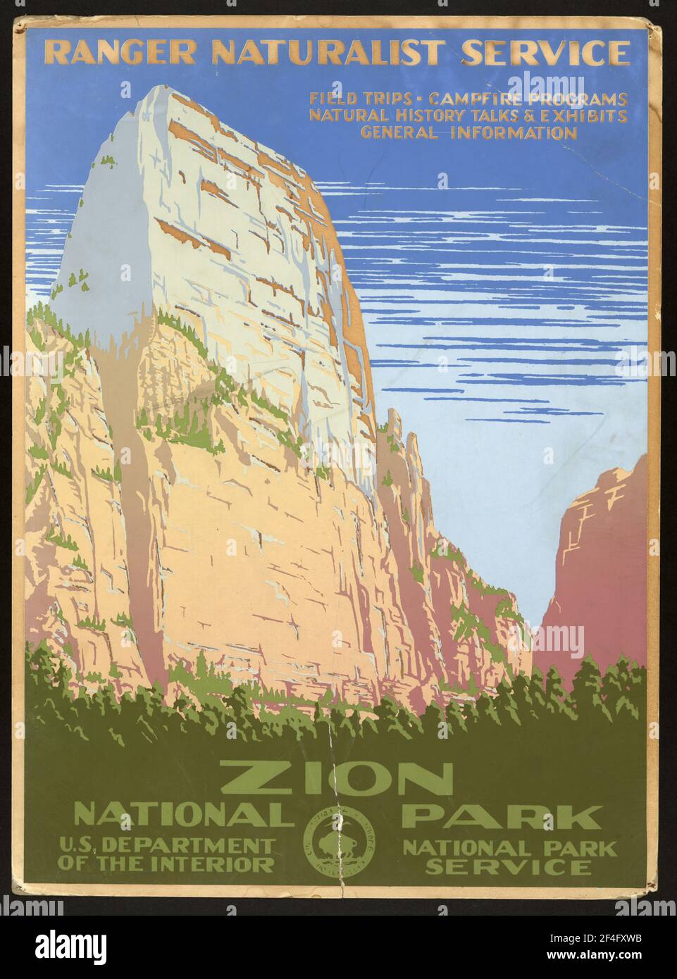 Poster di viaggio d'epoca degli anni '20 per lo Zion National Park nello Utah, USA Foto Stock