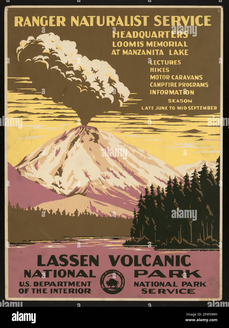 Poster di viaggio d'epoca degli anni '20 per il Lassen Volcanic National Park in California, USA Foto Stock