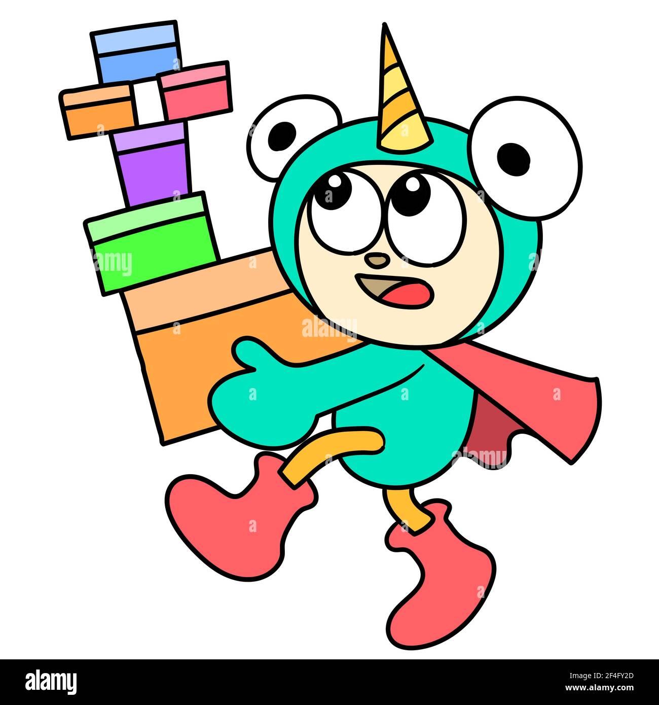 simpatico unicorno che porta molti regali Illustrazione Vettoriale