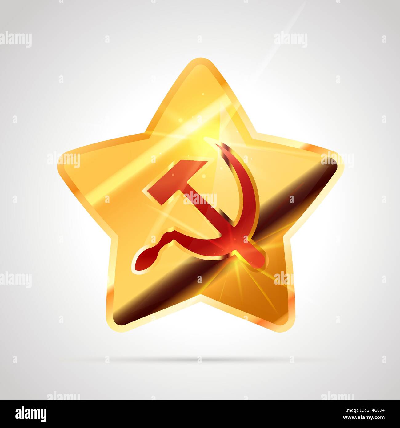 Simbolo dorato brillante a forma di stella con falce sovietica rossa e martello, simbolo dell'URSS comunista isolato su bianco Illustrazione Vettoriale