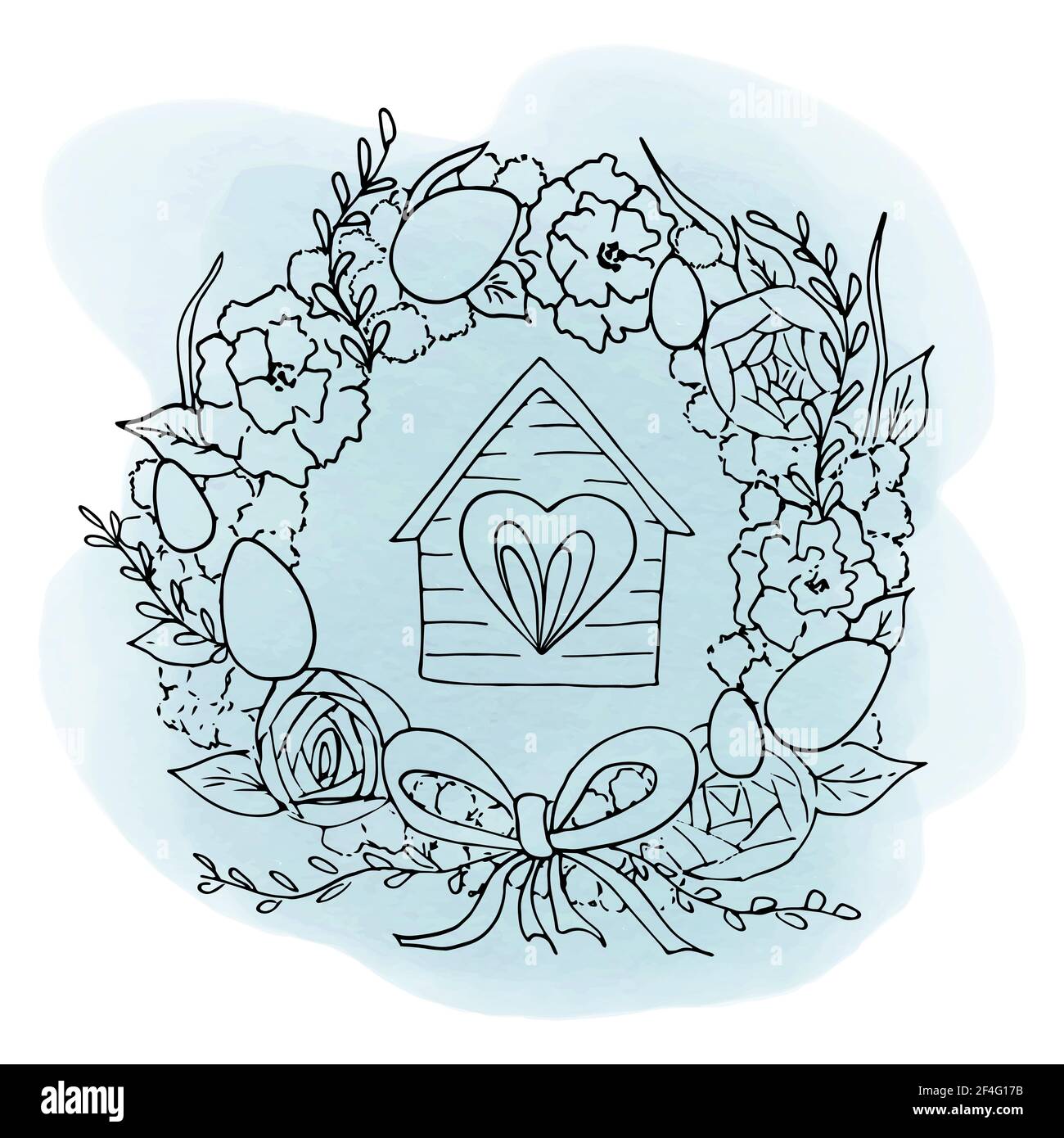 Scetch di Pasqua corona di fiori decorata con uova dipinte, nastro e casa con una finestra. Illustrazione vettoriale nello stile del disegno a mano lineare Illustrazione Vettoriale