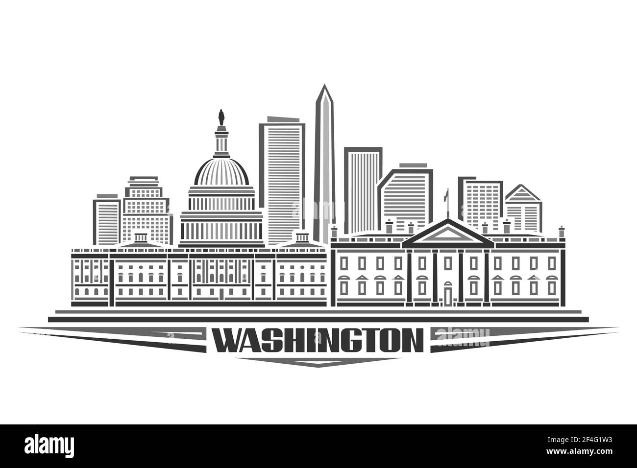 Illustrazione vettoriale di Washington, poster orizzontale monocromatico con design del paesaggio urbano di washington, concetto urbano con stile decorativo unico Illustrazione Vettoriale