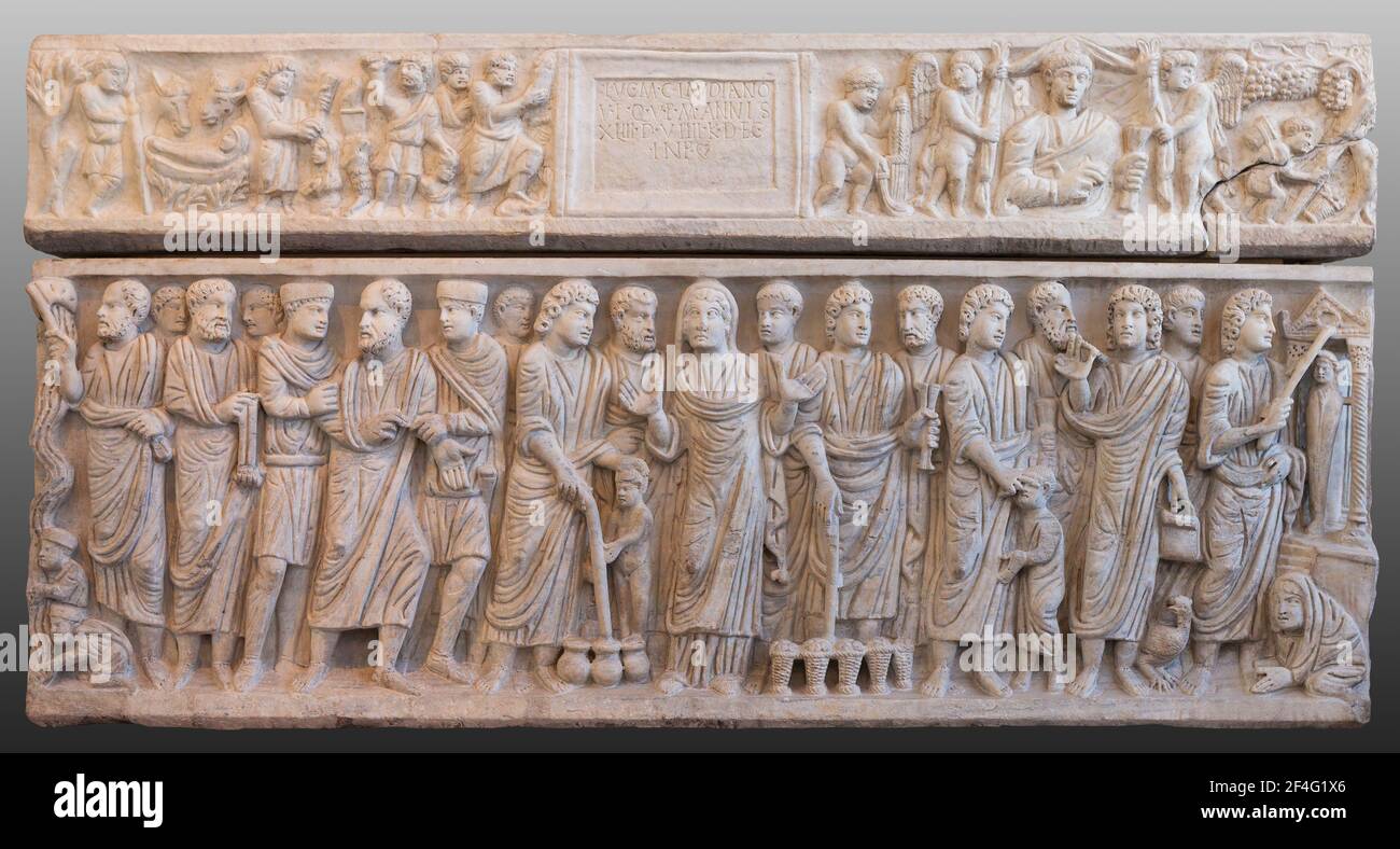 Antico sarcofago cristiano romano di Marcus Claudianus con scene del nuovo Testamento. Foto Stock