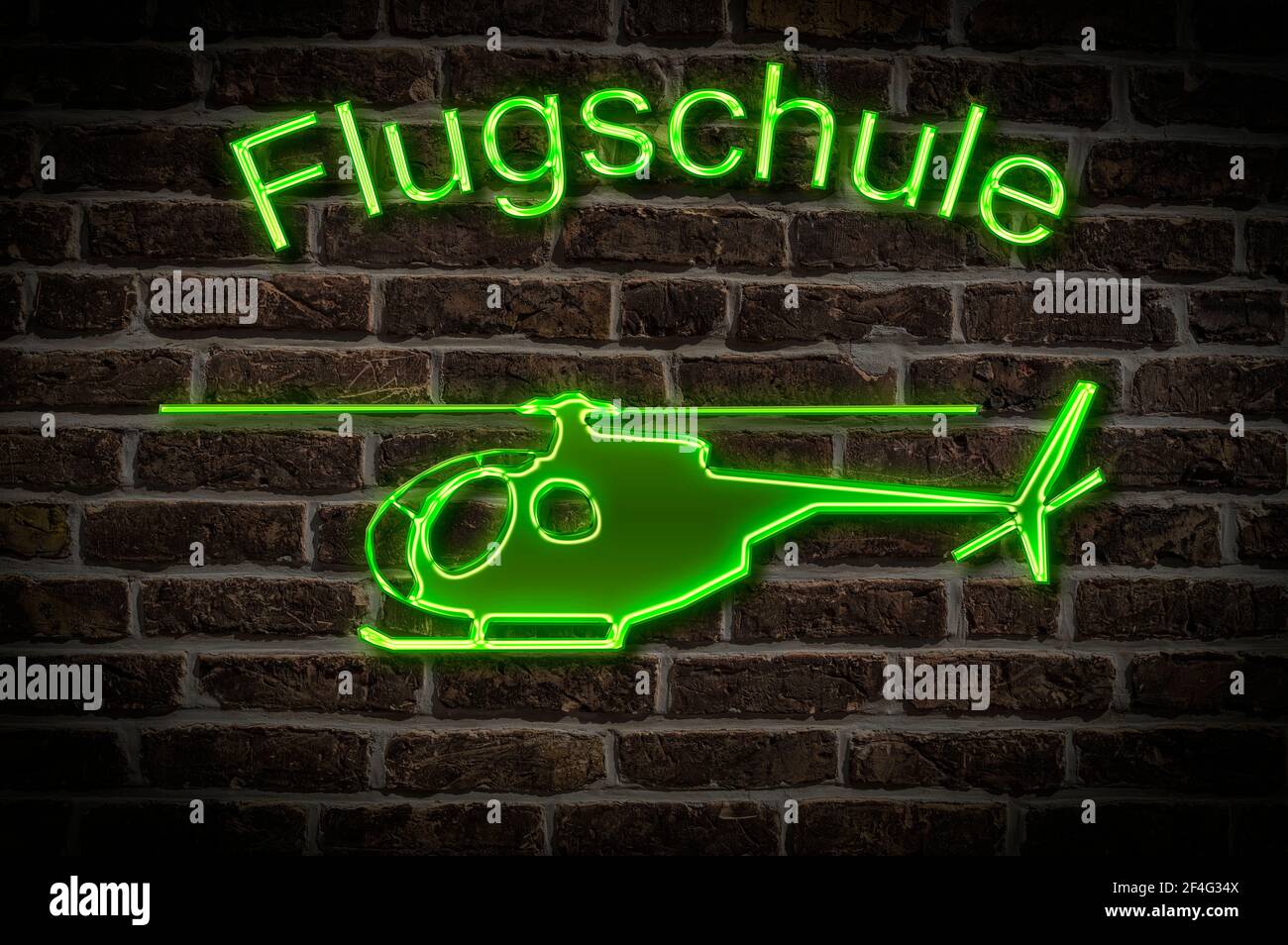 Leuchtreklame für eine Flugschule ein Hubbrauber befindet sich unterhalb der Neon-Schrift | Pubblicità illuminata per una scuola di volo un elicopt Foto Stock