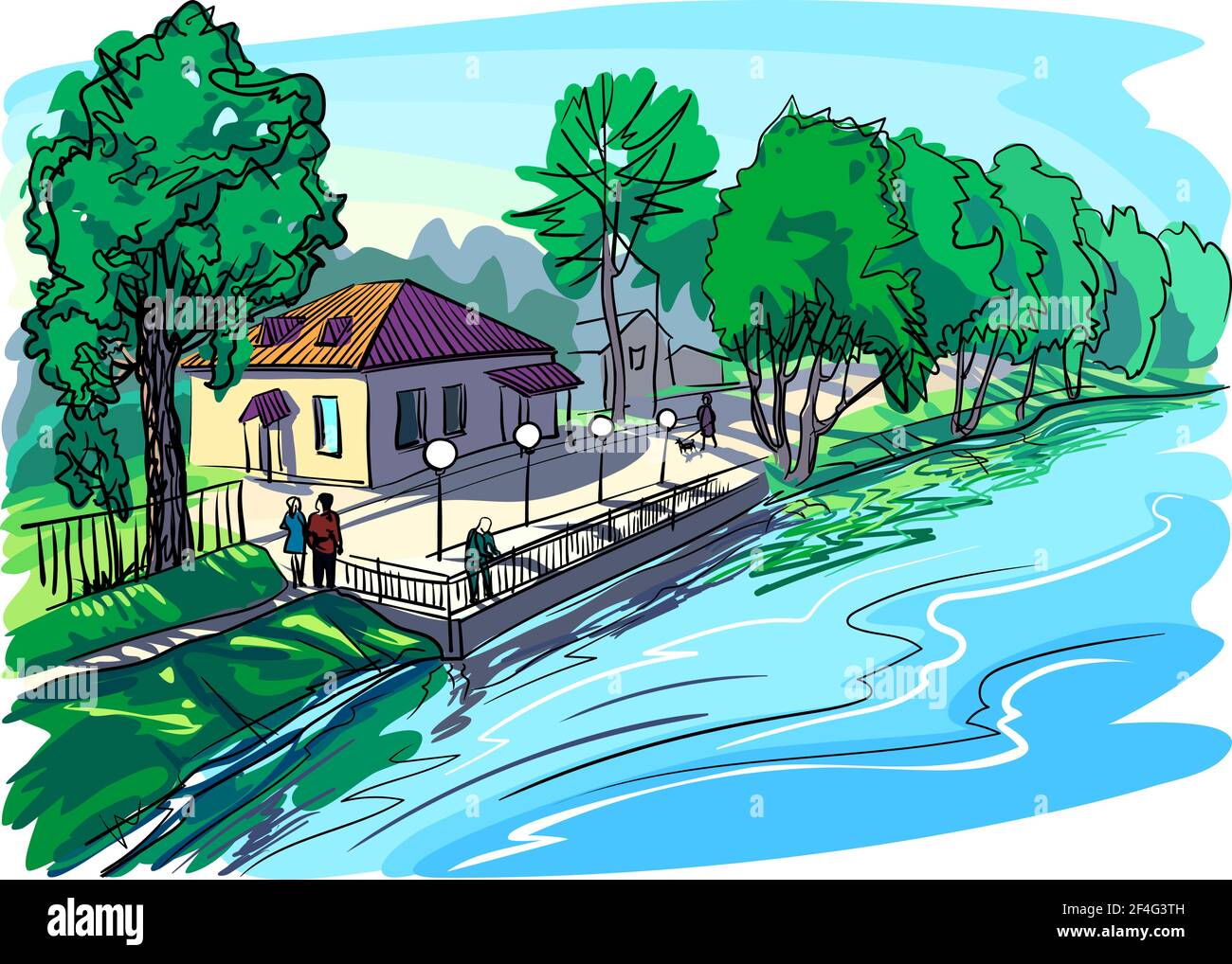 Terrapieno in città in un giorno d'estate. La casa e gli alberi sono illuminati dal sole luminoso. La gente sta camminando. Illustrazione Vettoriale