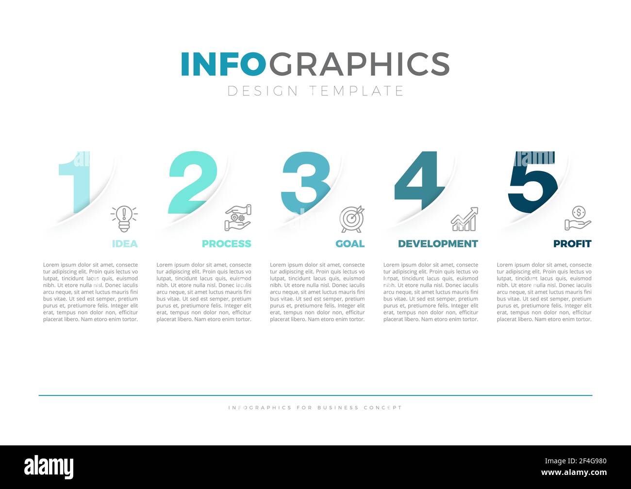 Progettazione infografica con 5 opzioni o passaggi. Infografiche per il concetto aziendale. Illustrazione Vettoriale