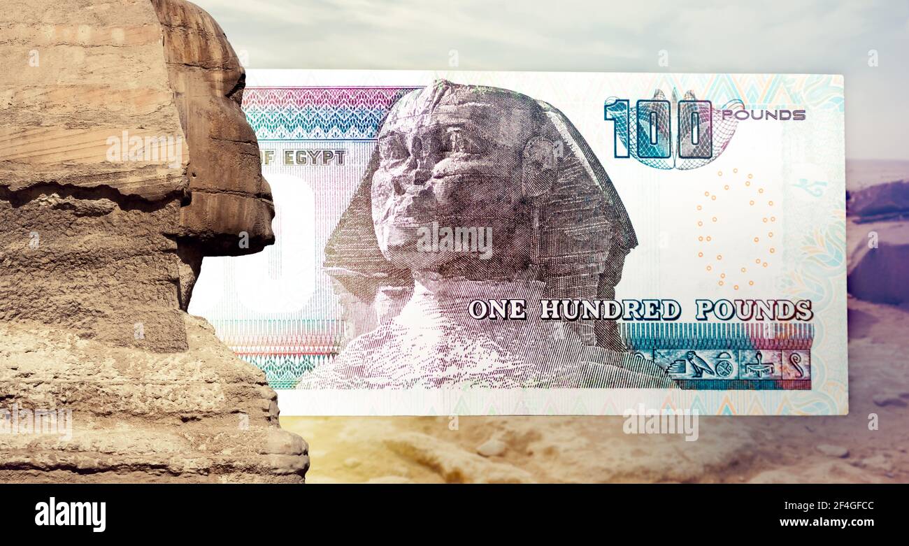 Grande Sphinx sull'altopiano di Giza e sulla banconota da cento sterline della banca egiziana. Foto Stock